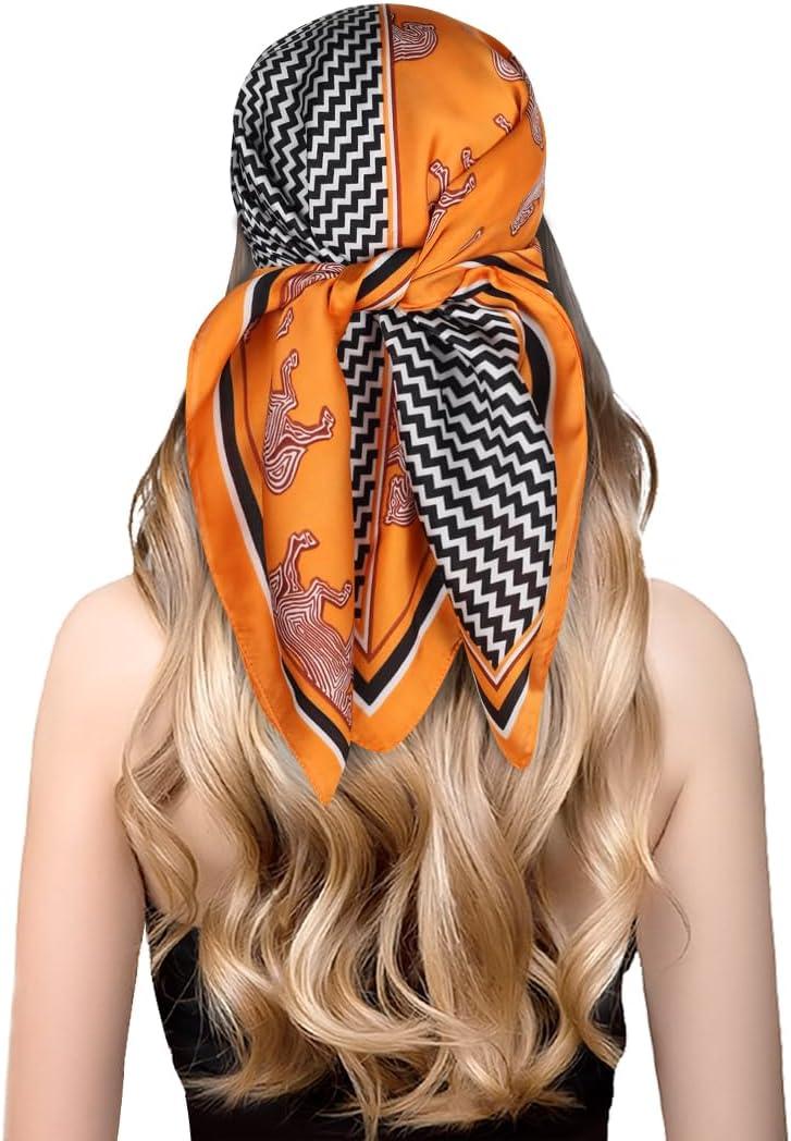 imageEXTREE Fashion Silky Satin Headscarf for Women Girls Exquisite Pattern Lightweight Silk Graceful Scarfs 275 x 275 inchesHerringbone Carriage Orange Frame