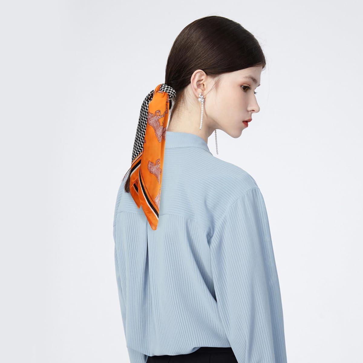 imageEXTREE Fashion Silky Satin Headscarf for Women Girls Exquisite Pattern Lightweight Silk Graceful Scarfs 275 x 275 inchesHerringbone Carriage Orange Frame