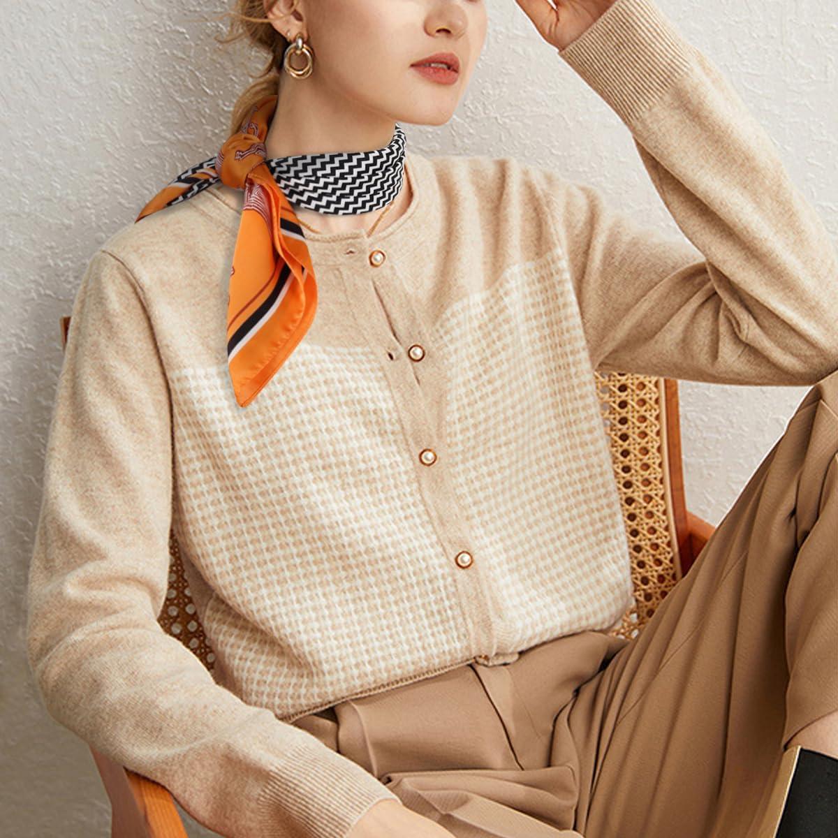 imageEXTREE Fashion Silky Satin Headscarf for Women Girls Exquisite Pattern Lightweight Silk Graceful Scarfs 275 x 275 inchesHerringbone Carriage Orange Frame