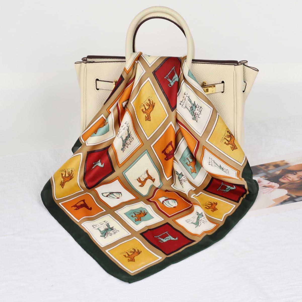 imageEXTREE Fashion Silky Satin Headscarf for Women Girls Exquisite Pattern Lightweight Silk Graceful Scarfs 275 x 275 inchesHorse Checkered Dark Green Frame