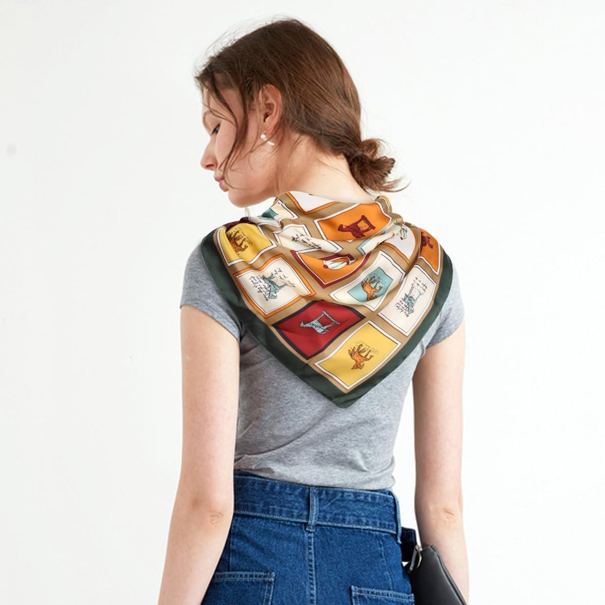 imageEXTREE Fashion Silky Satin Headscarf for Women Girls Exquisite Pattern Lightweight Silk Graceful Scarfs 275 x 275 inchesHorse Checkered Dark Green Frame