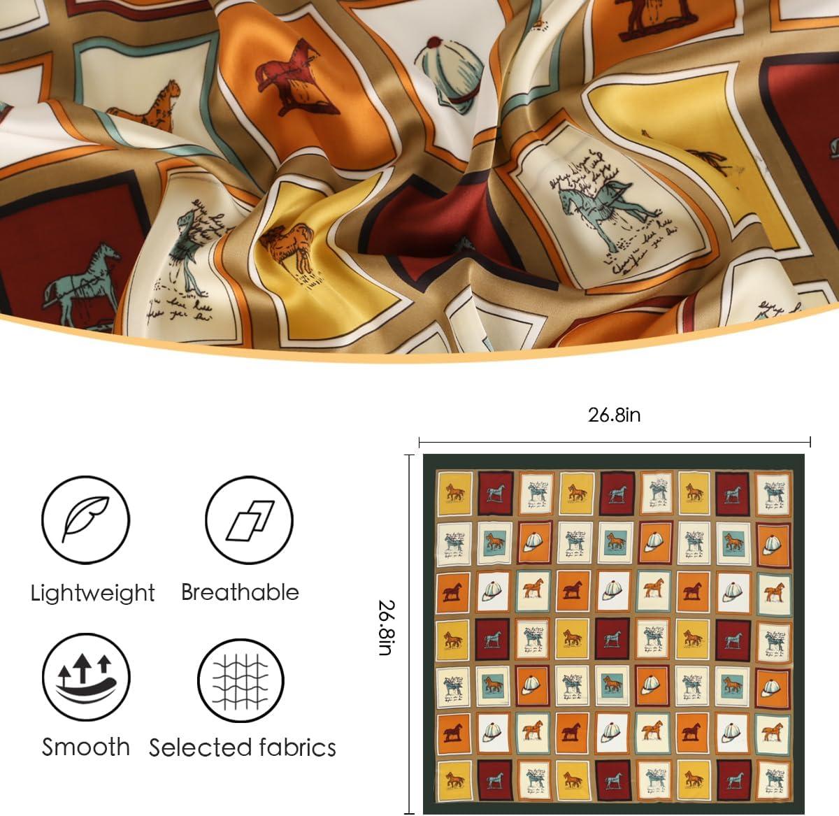 imageEXTREE Fashion Silky Satin Headscarf for Women Girls Exquisite Pattern Lightweight Silk Graceful Scarfs 275 x 275 inchesHorse Checkered Dark Green Frame