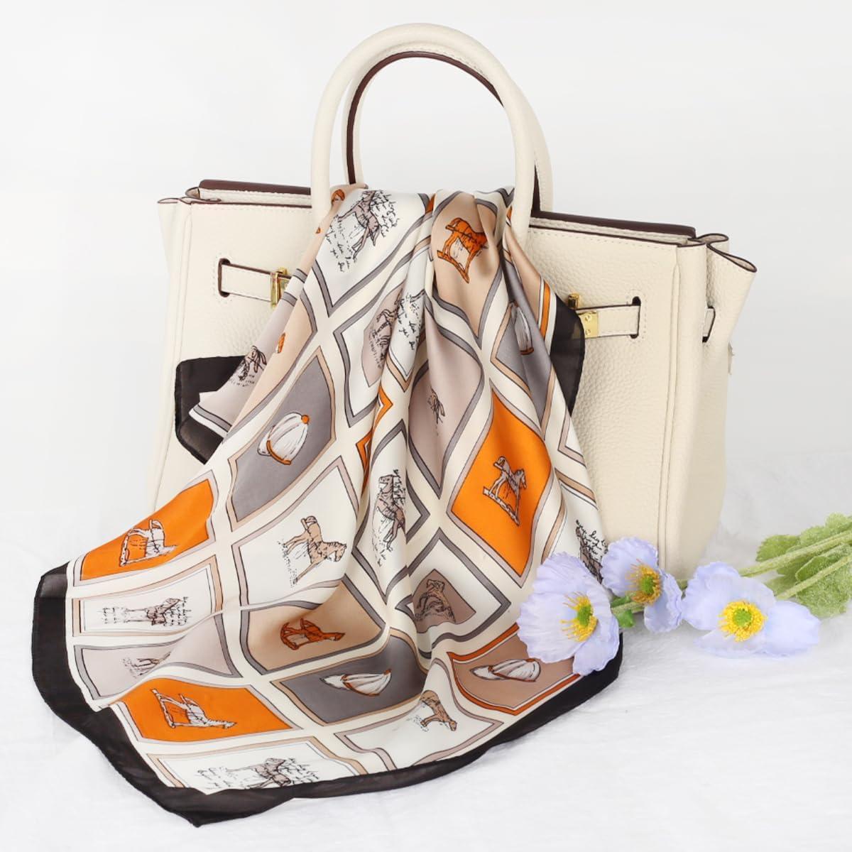 imageEXTREE Fashion Silky Satin Headscarf for Women Girls Exquisite Pattern Lightweight Silk Graceful Scarfs 275 x 275 inchesHorse Window Black Edge