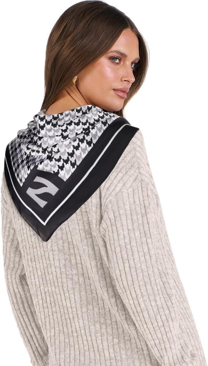 imageEXTREE Fashion Silky Satin Headscarf for Women Girls Exquisite Pattern Lightweight Silk Graceful Scarfs 275 x 275 inchesHoundstooth Black and White