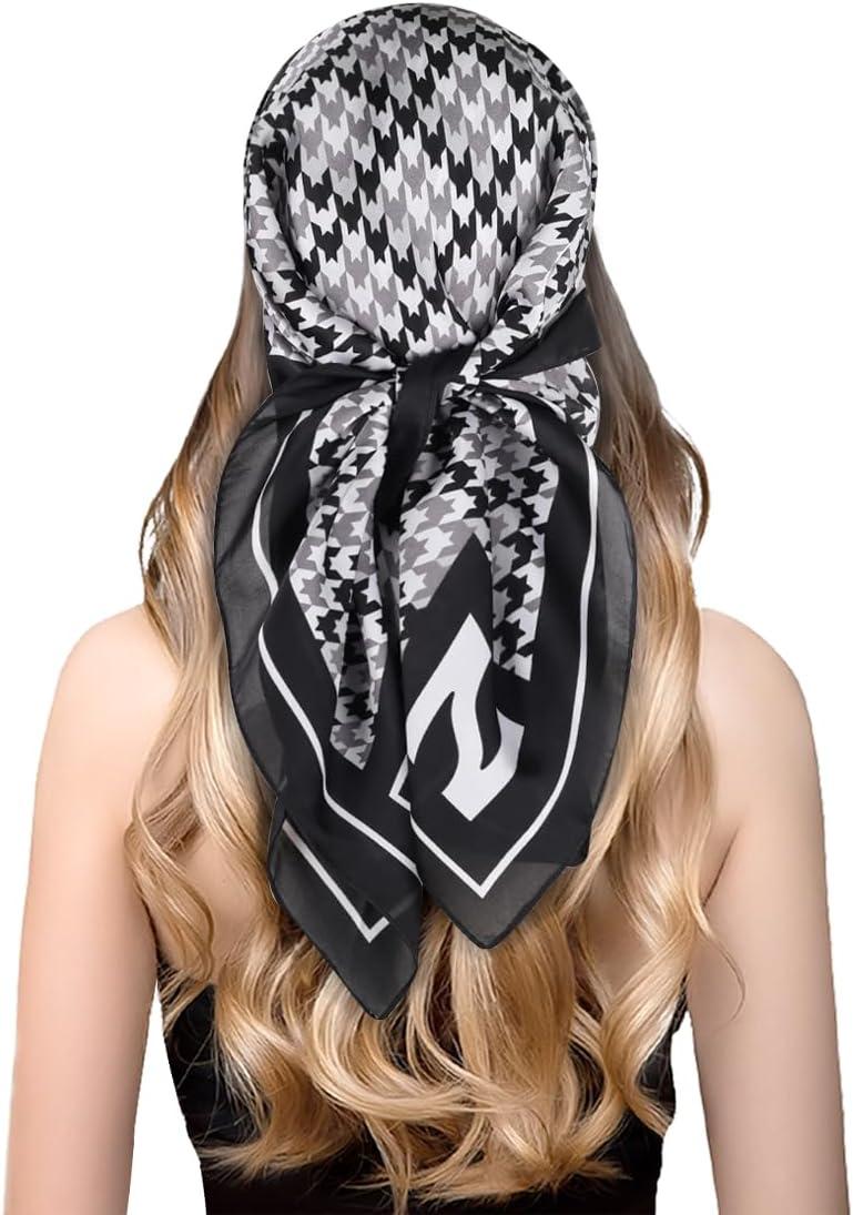 imageEXTREE Fashion Silky Satin Headscarf for Women Girls Exquisite Pattern Lightweight Silk Graceful Scarfs 275 x 275 inchesHoundstooth Black and White