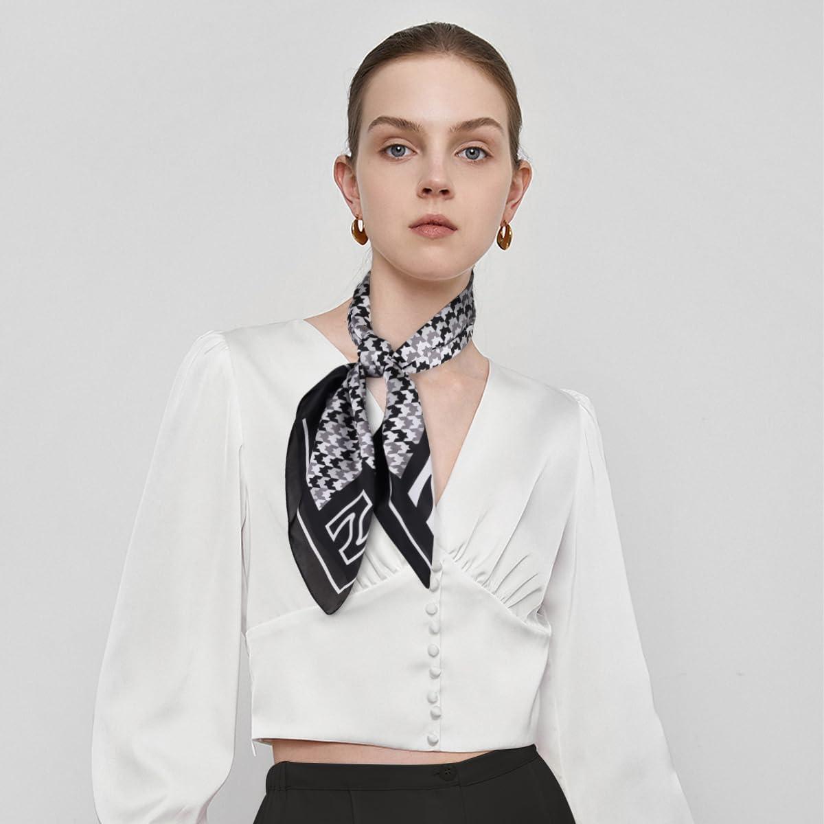 imageEXTREE Fashion Silky Satin Headscarf for Women Girls Exquisite Pattern Lightweight Silk Graceful Scarfs 275 x 275 inchesHoundstooth Black and White