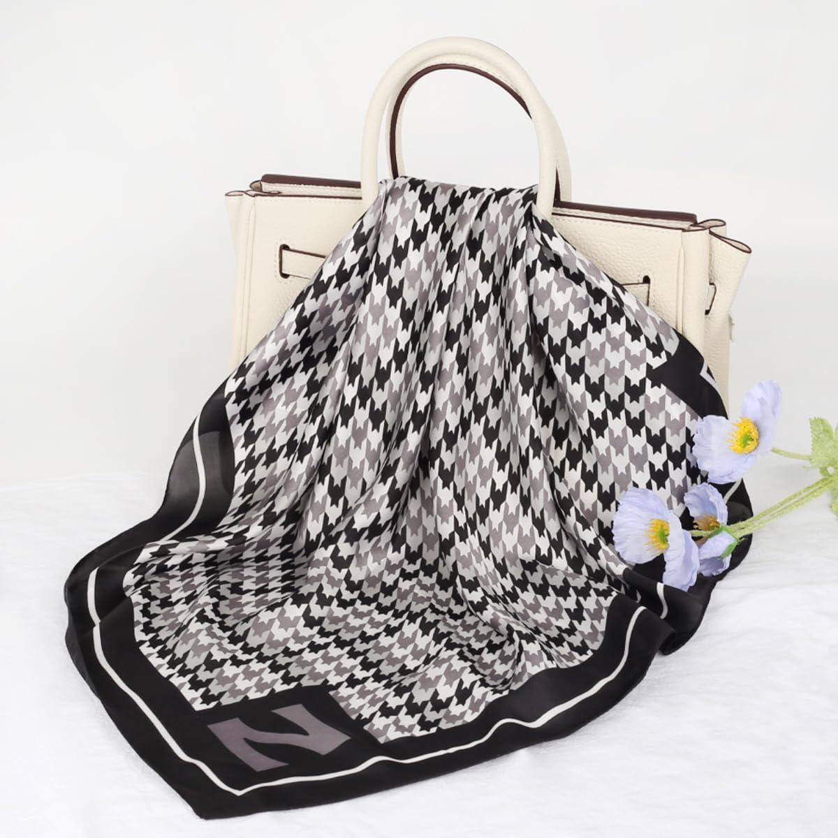 imageEXTREE Fashion Silky Satin Headscarf for Women Girls Exquisite Pattern Lightweight Silk Graceful Scarfs 275 x 275 inchesHoundstooth Black and White