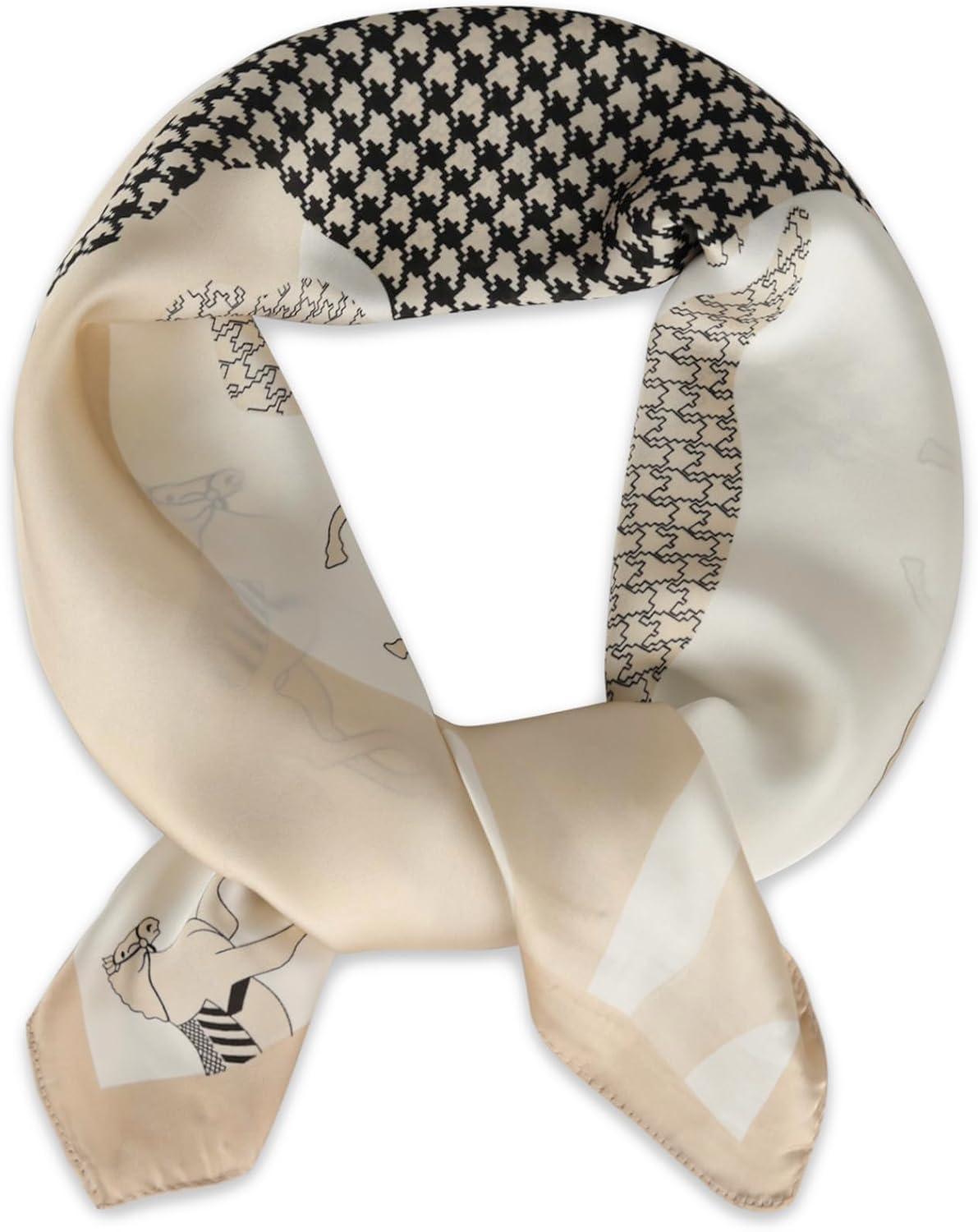 imageEXTREE Fashion Silky Satin Headscarf for Women Girls Exquisite Pattern Lightweight Silk Graceful Scarfs 275 x 275 inchesHoundstooth Horse Beige