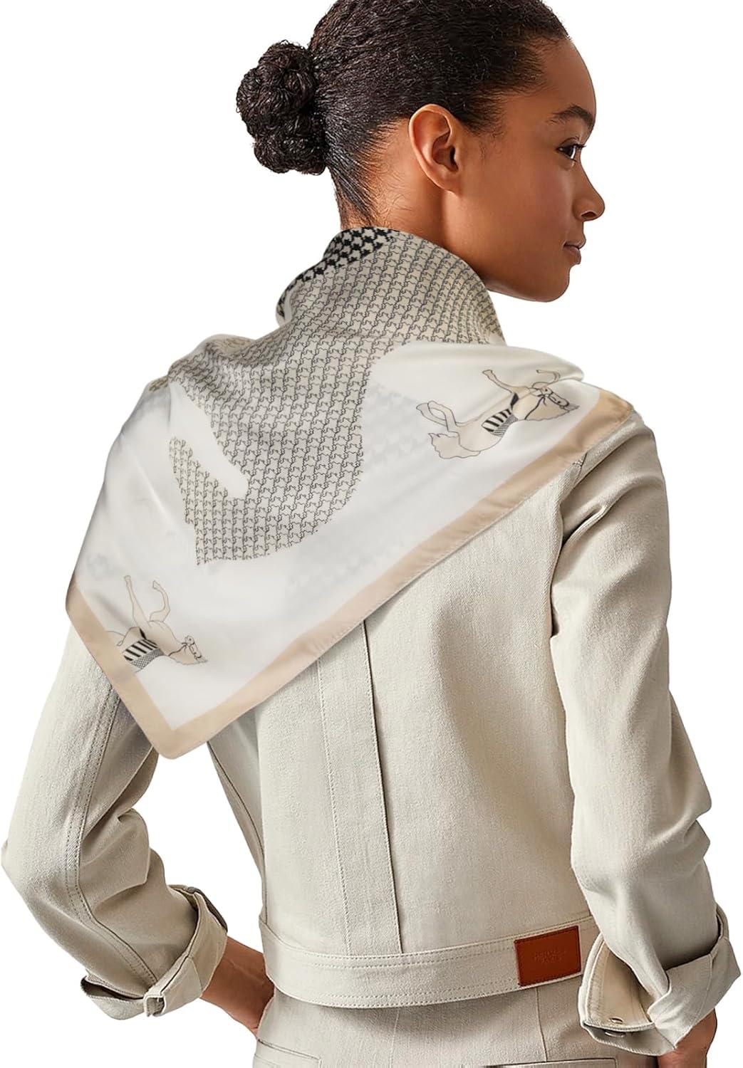 imageEXTREE Fashion Silky Satin Headscarf for Women Girls Exquisite Pattern Lightweight Silk Graceful Scarfs 275 x 275 inchesHoundstooth Horse Beige