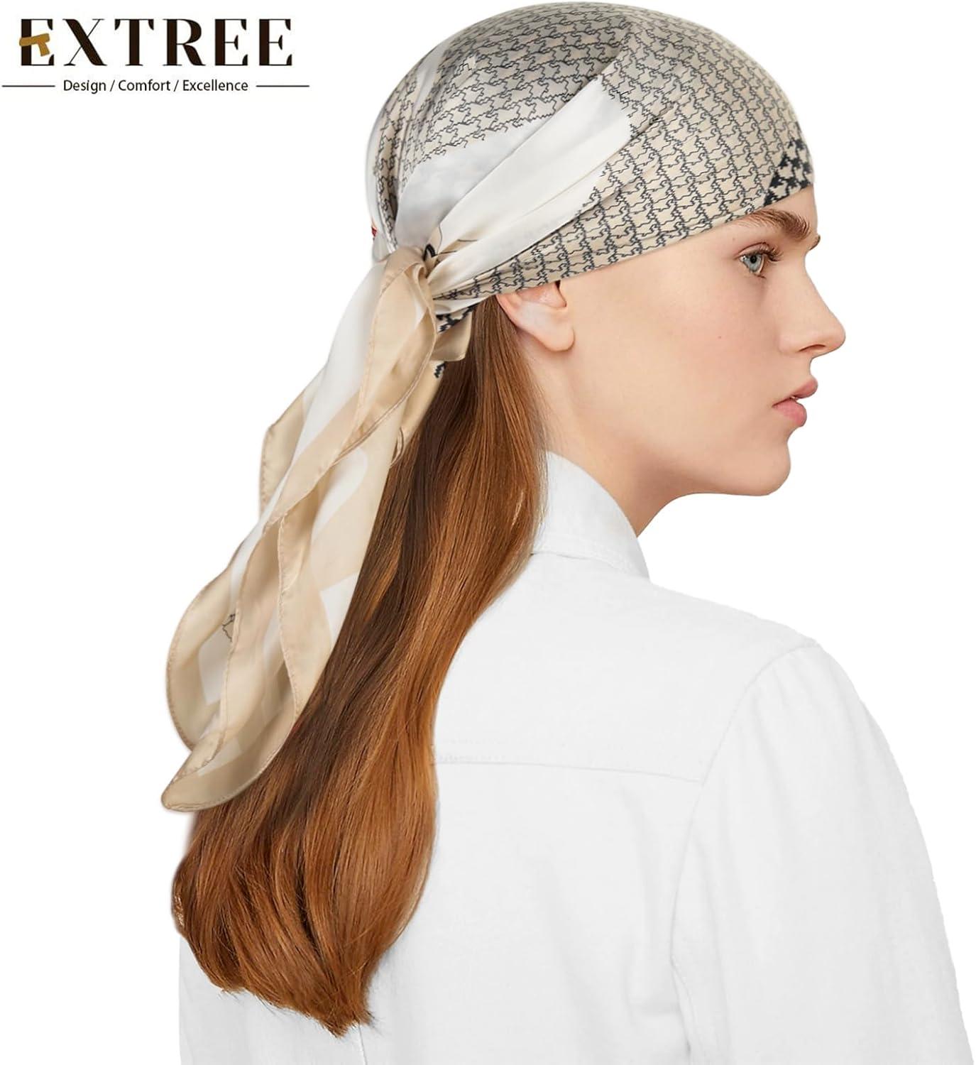 imageEXTREE Fashion Silky Satin Headscarf for Women Girls Exquisite Pattern Lightweight Silk Graceful Scarfs 275 x 275 inchesHoundstooth Horse Beige