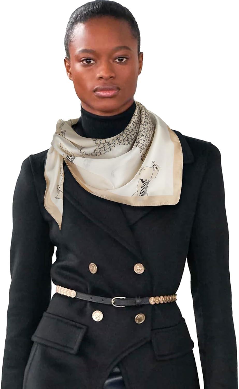 imageEXTREE Fashion Silky Satin Headscarf for Women Girls Exquisite Pattern Lightweight Silk Graceful Scarfs 275 x 275 inchesHoundstooth Horse Beige