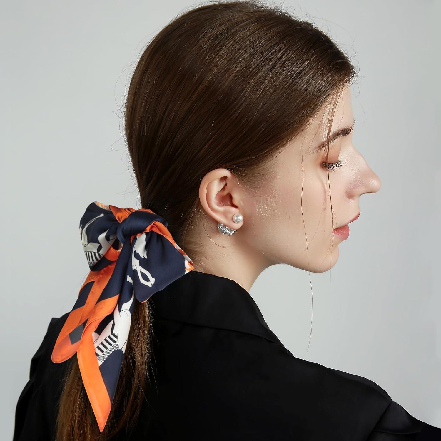 imageEXTREE Fashion Silky Satin Headscarf for Women Girls Exquisite Pattern Lightweight Silk Graceful Scarfs 275 x 275 inchesHoundstooth Pony Navy Blue Bottom