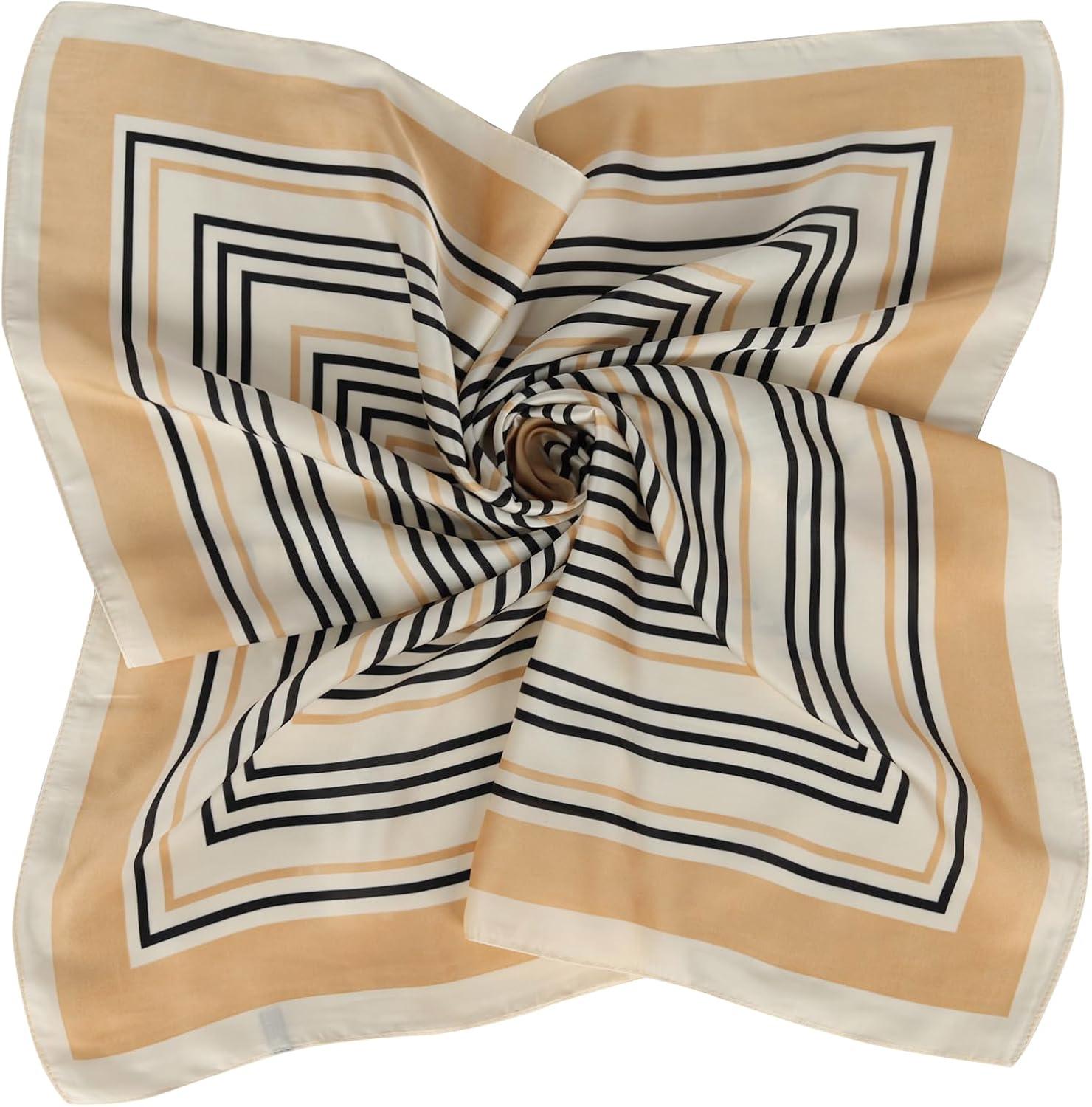 imageEXTREE Fashion Silky Satin Headscarf for Women Girls Exquisite Pattern Lightweight Silk Graceful Scarfs 275 x 275 inchesKhaki Back Stripes