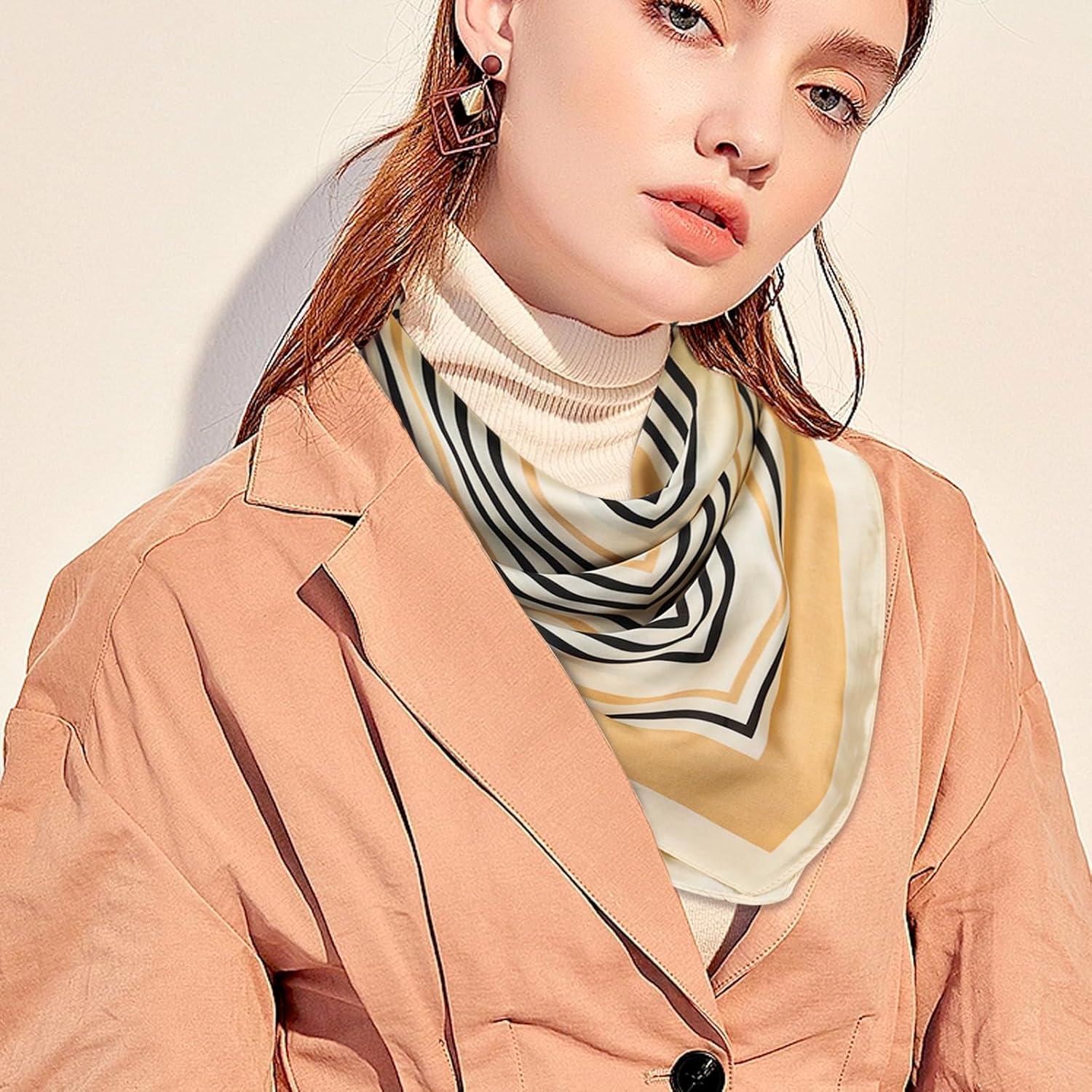 imageEXTREE Fashion Silky Satin Headscarf for Women Girls Exquisite Pattern Lightweight Silk Graceful Scarfs 275 x 275 inchesKhaki Back Stripes