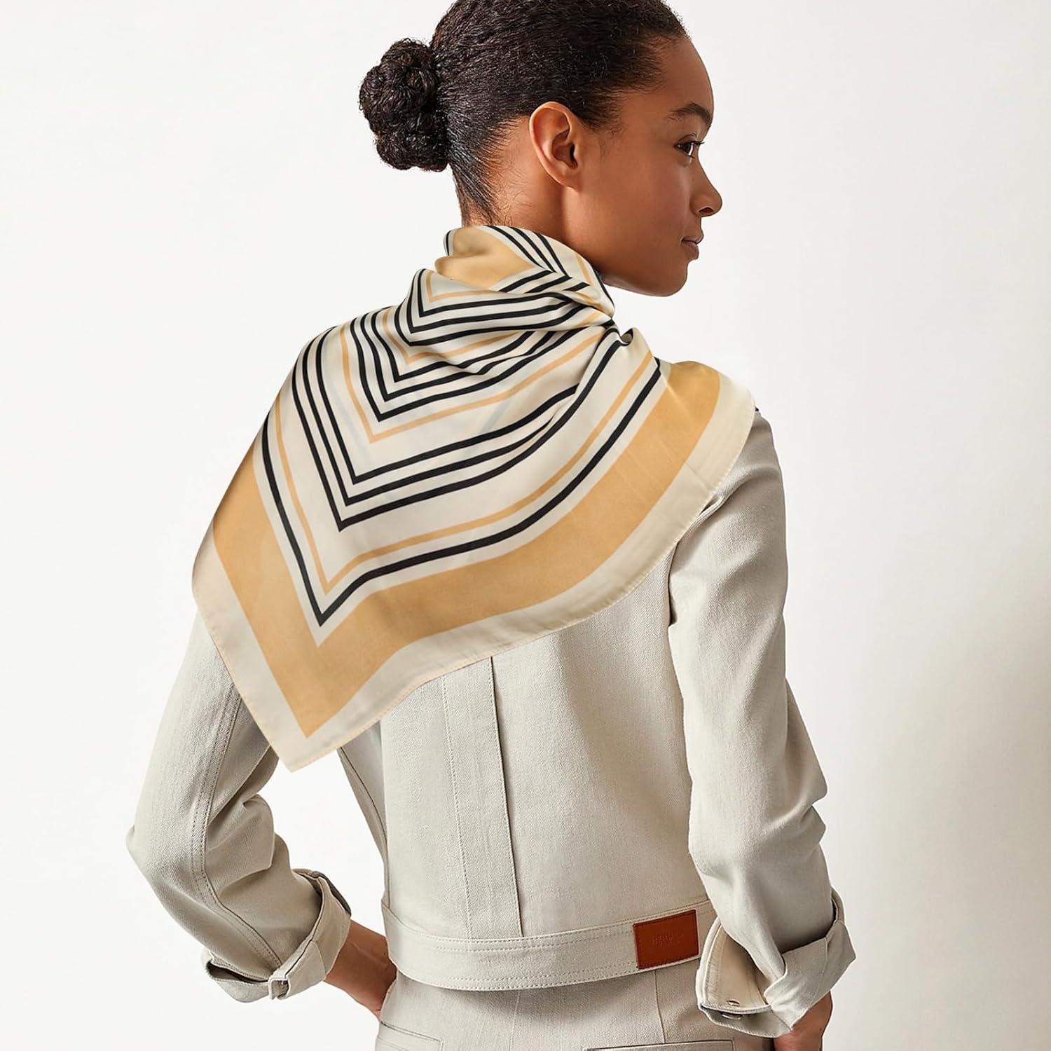 imageEXTREE Fashion Silky Satin Headscarf for Women Girls Exquisite Pattern Lightweight Silk Graceful Scarfs 275 x 275 inchesKhaki Back Stripes