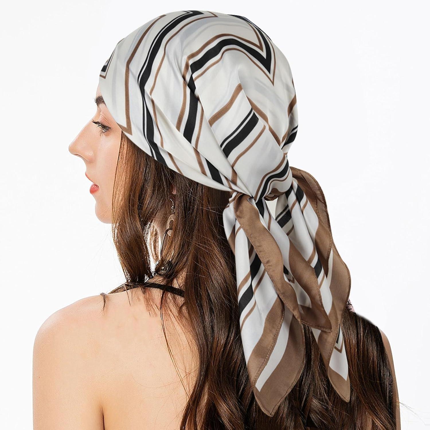 imageEXTREE Fashion Silky Satin Headscarf for Women Girls Exquisite Pattern Lightweight Silk Graceful Scarfs 275 x 275 inchesKhaki Stylish