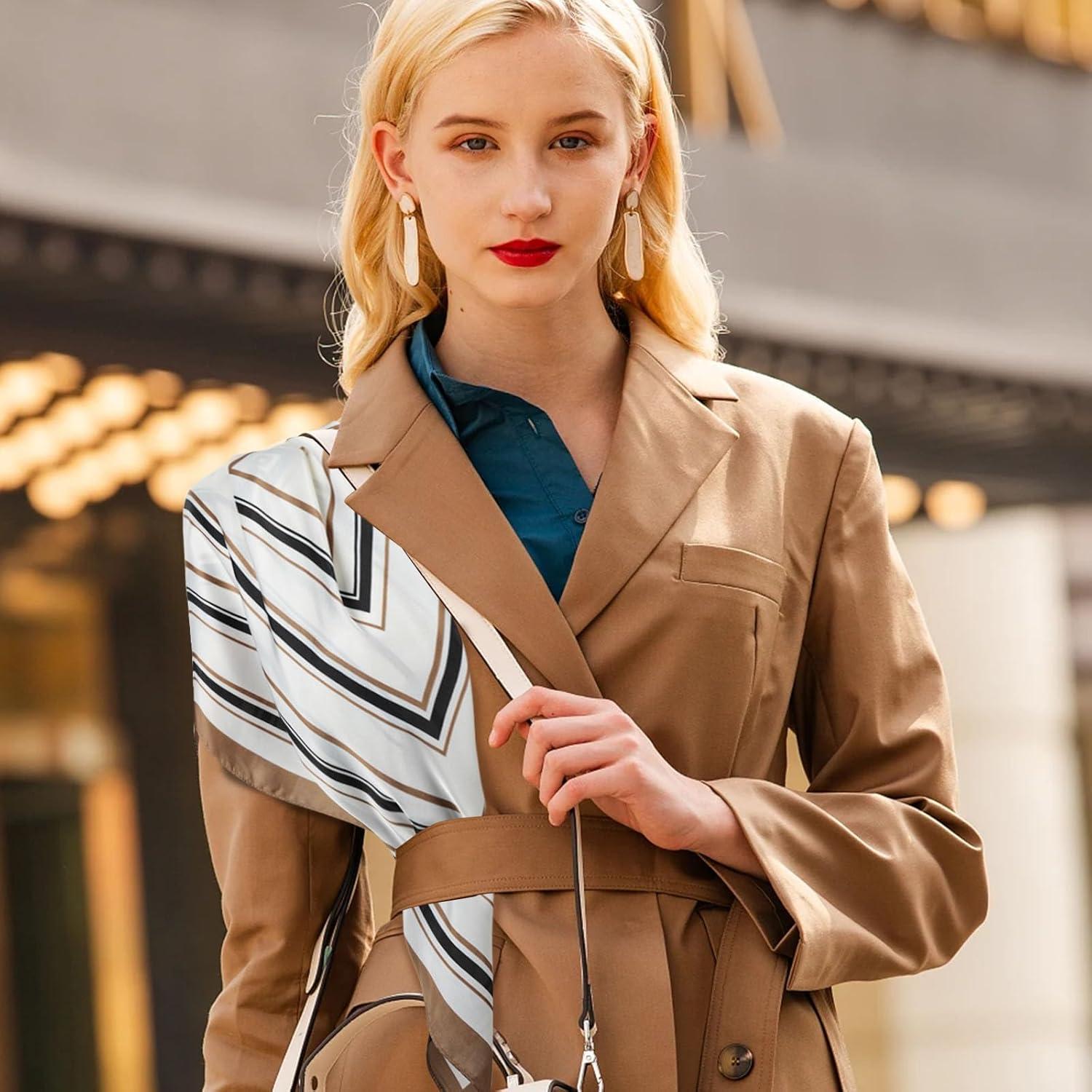 imageEXTREE Fashion Silky Satin Headscarf for Women Girls Exquisite Pattern Lightweight Silk Graceful Scarfs 275 x 275 inchesKhaki Stylish