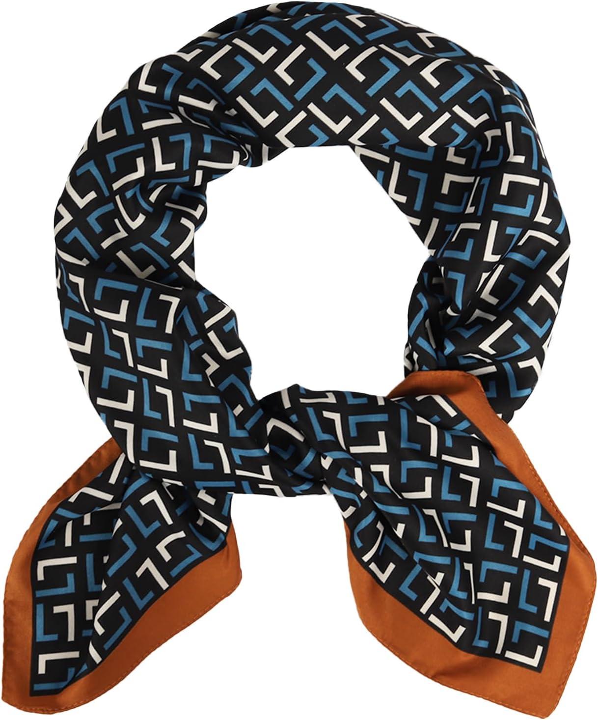 imageEXTREE Fashion Silky Satin Headscarf for Women Girls Exquisite Pattern Lightweight Silk Graceful Scarfs 275 x 275 inchesL Shaped Blue