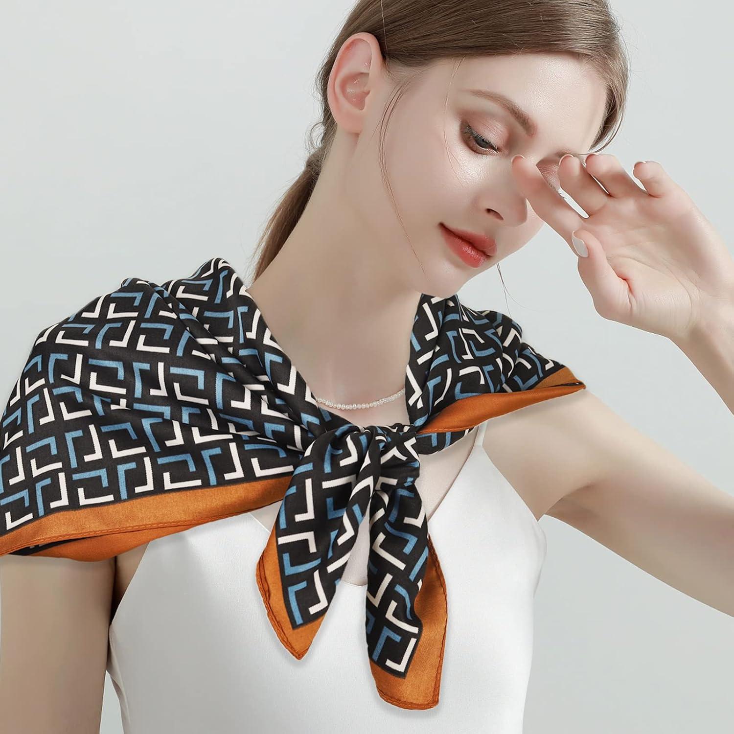 imageEXTREE Fashion Silky Satin Headscarf for Women Girls Exquisite Pattern Lightweight Silk Graceful Scarfs 275 x 275 inchesL Shaped Blue