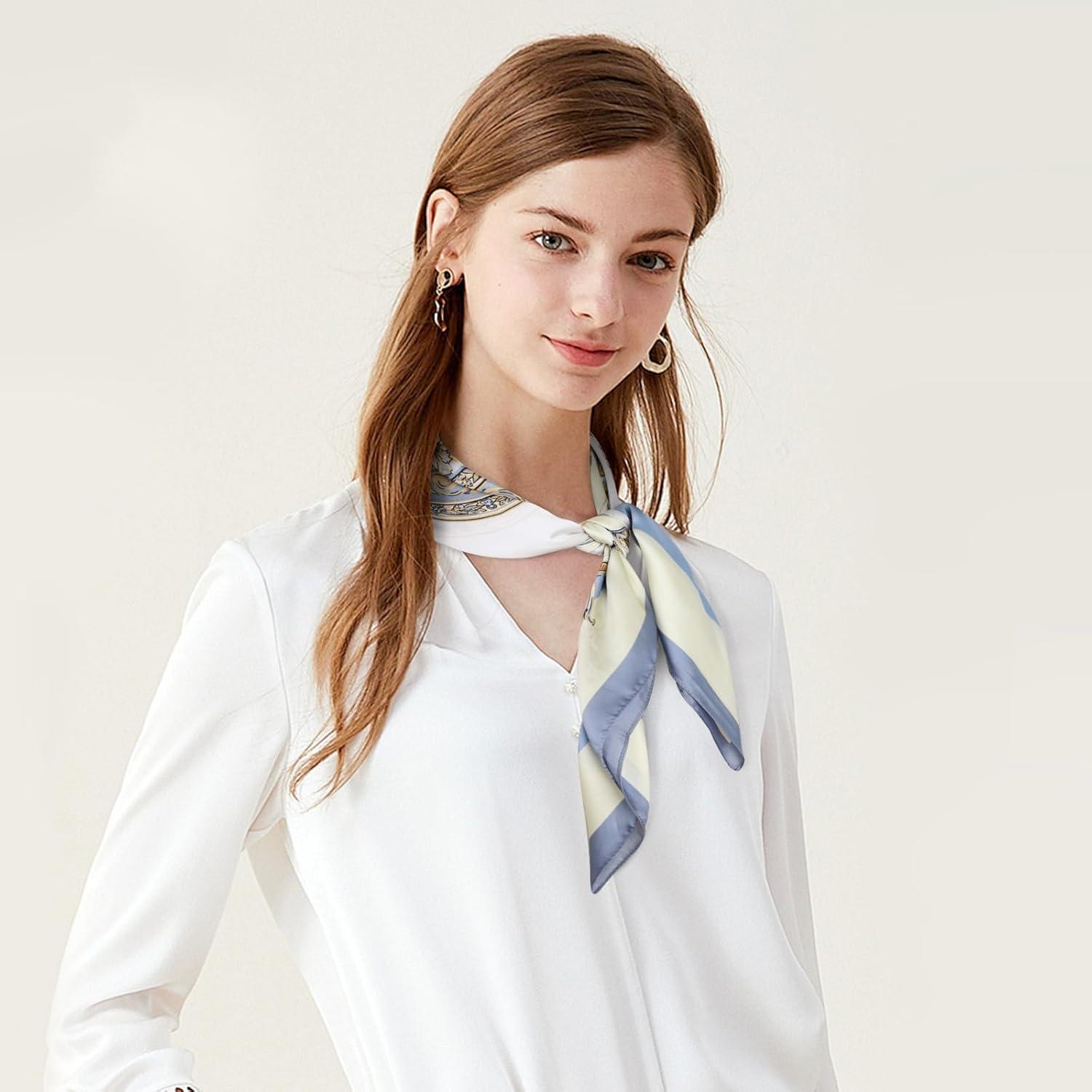 imageEXTREE Fashion Silky Satin Headscarf for Women Girls Exquisite Pattern Lightweight Silk Graceful Scarfs 275 x 275 inchesLace Bronze Mirror Light Blue