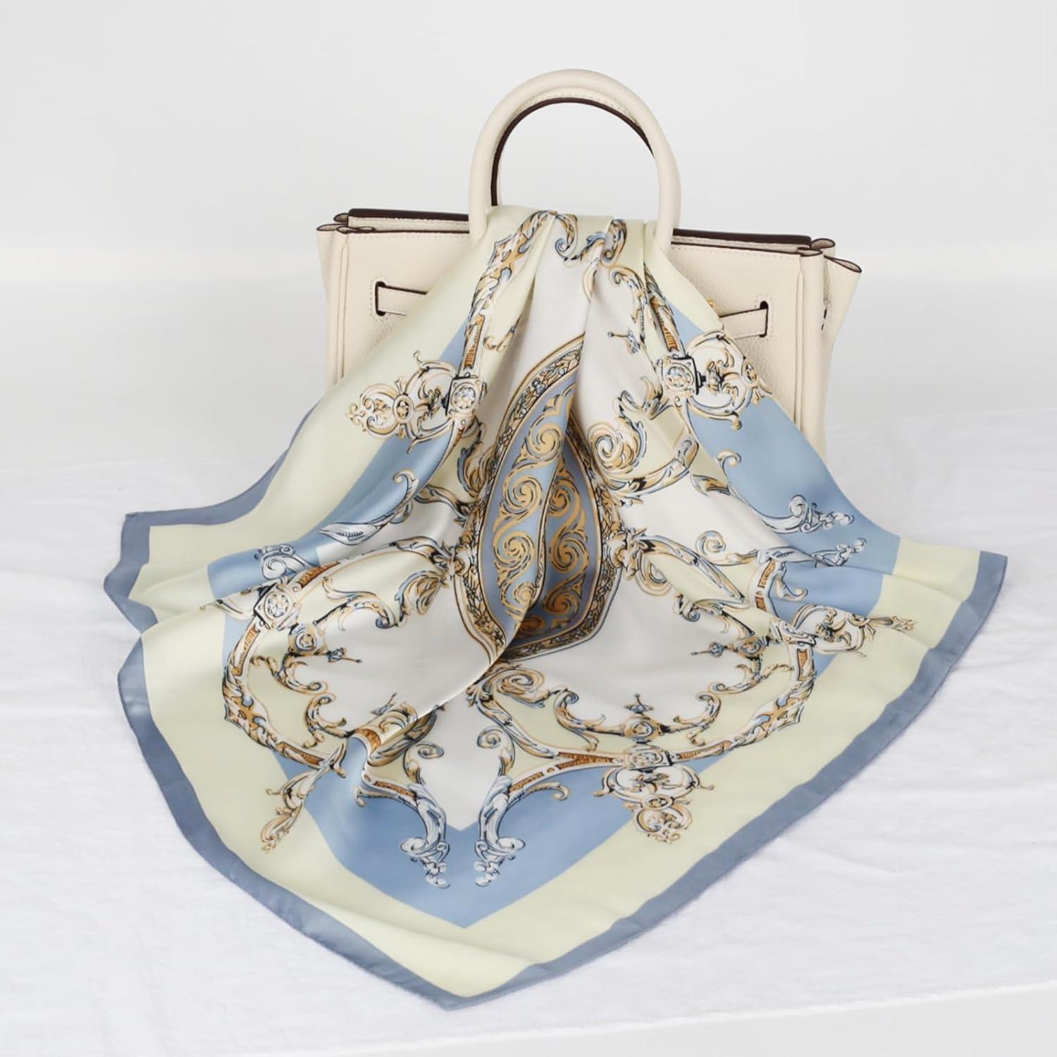 imageEXTREE Fashion Silky Satin Headscarf for Women Girls Exquisite Pattern Lightweight Silk Graceful Scarfs 275 x 275 inchesLace Bronze Mirror Light Blue