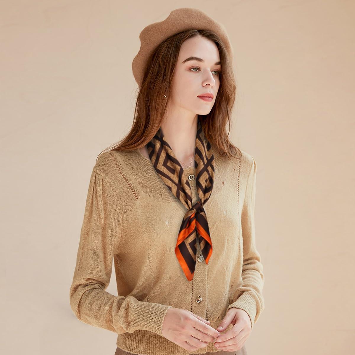 imageEXTREE Fashion Silky Satin Headscarf for Women Girls Exquisite Pattern Lightweight Silk Graceful Scarfs 275 x 275 inchesLarge Orange Frame