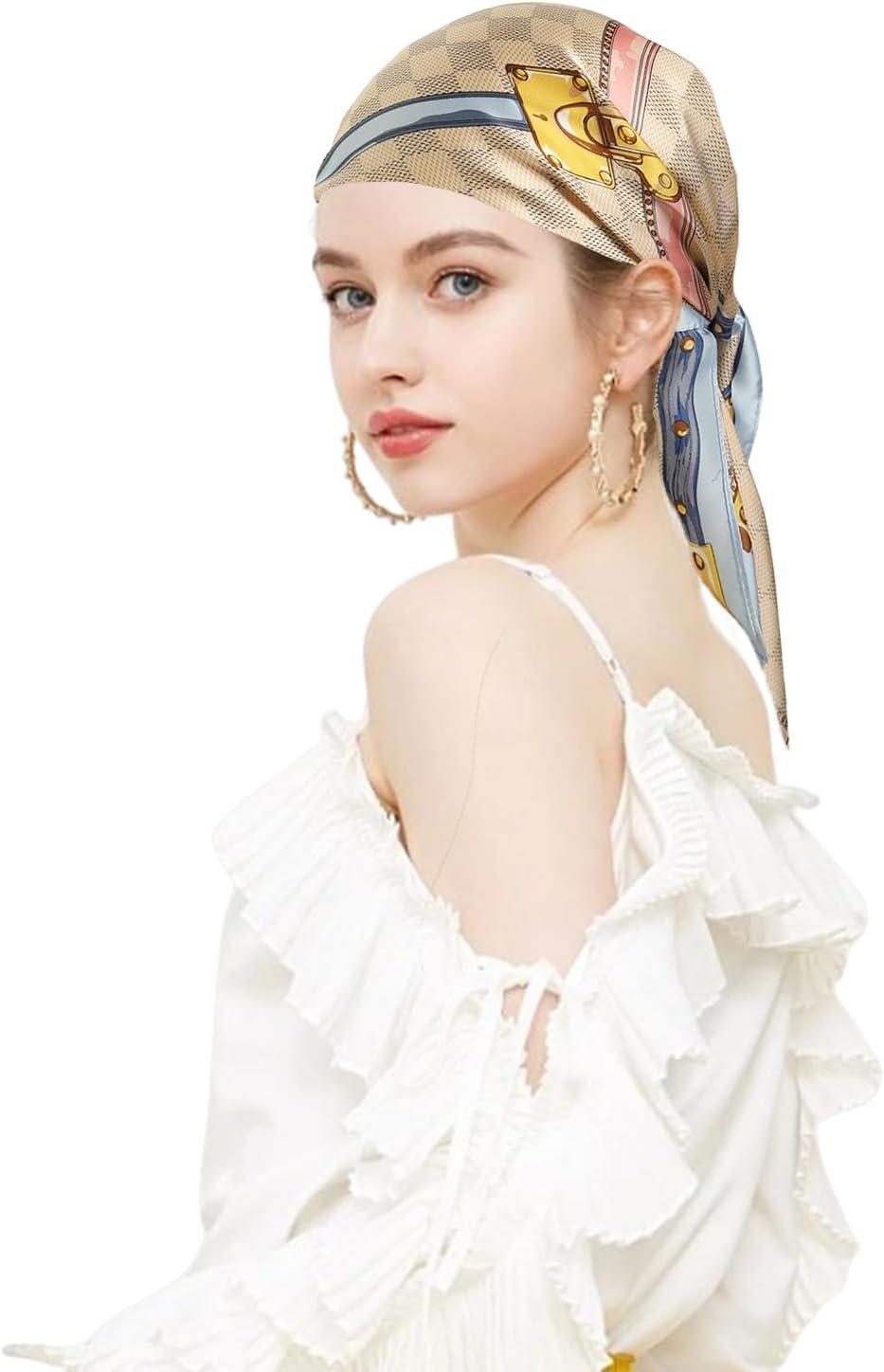 imageEXTREE Fashion Silky Satin Headscarf for Women Girls Exquisite Pattern Lightweight Silk Graceful Scarfs 275 x 275 inchesLattice Gold Cabinet Powder