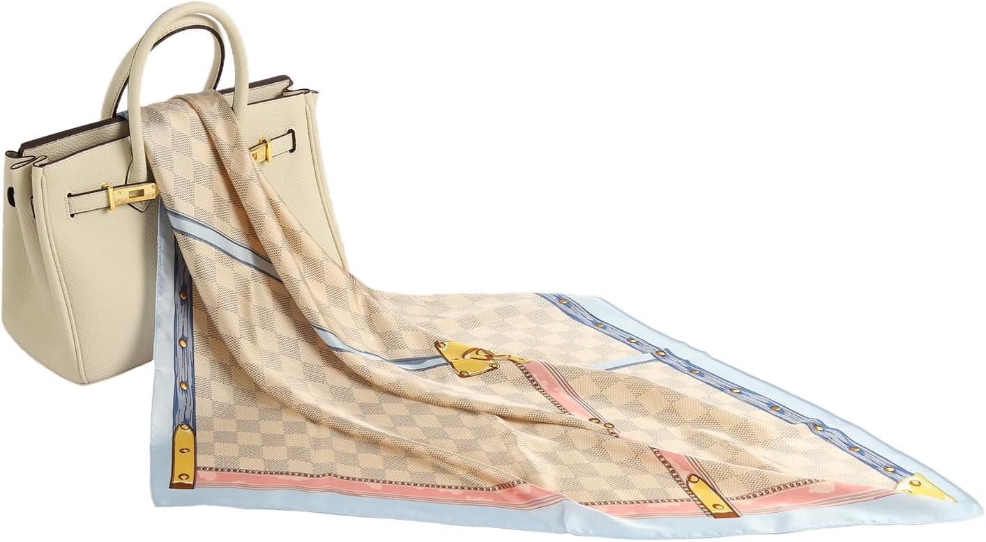 imageEXTREE Fashion Silky Satin Headscarf for Women Girls Exquisite Pattern Lightweight Silk Graceful Scarfs 275 x 275 inchesLattice Gold Cabinet Powder