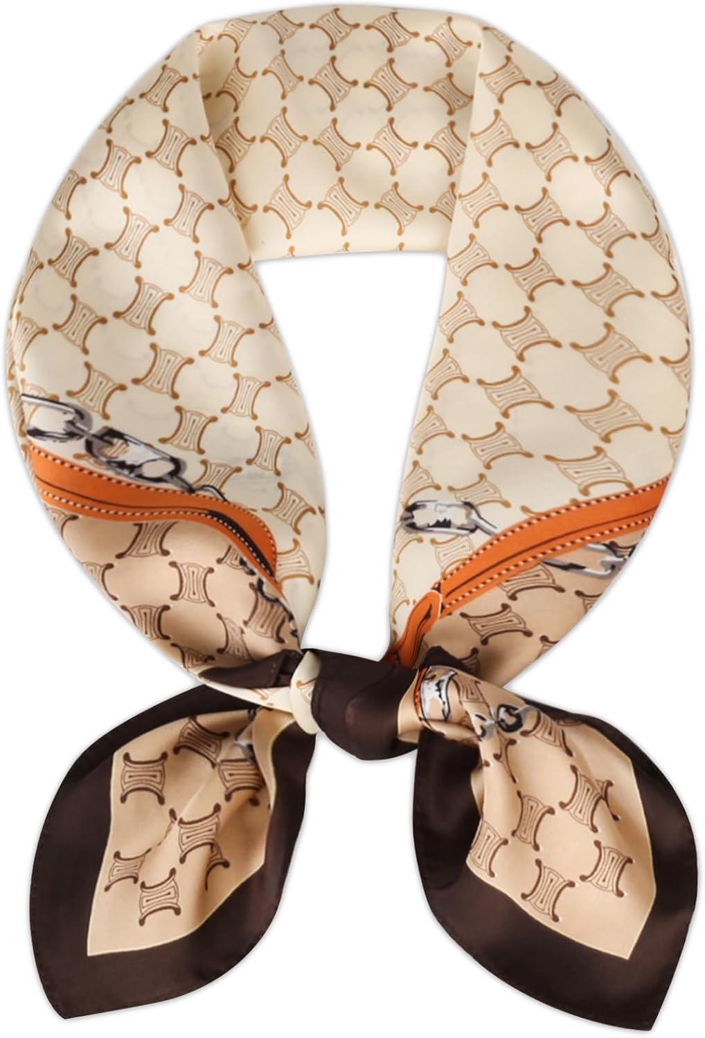 imageEXTREE Fashion Silky Satin Headscarf for Women Girls Exquisite Pattern Lightweight Silk Graceful Scarfs 275 x 275 inchesLeather Snap Beige