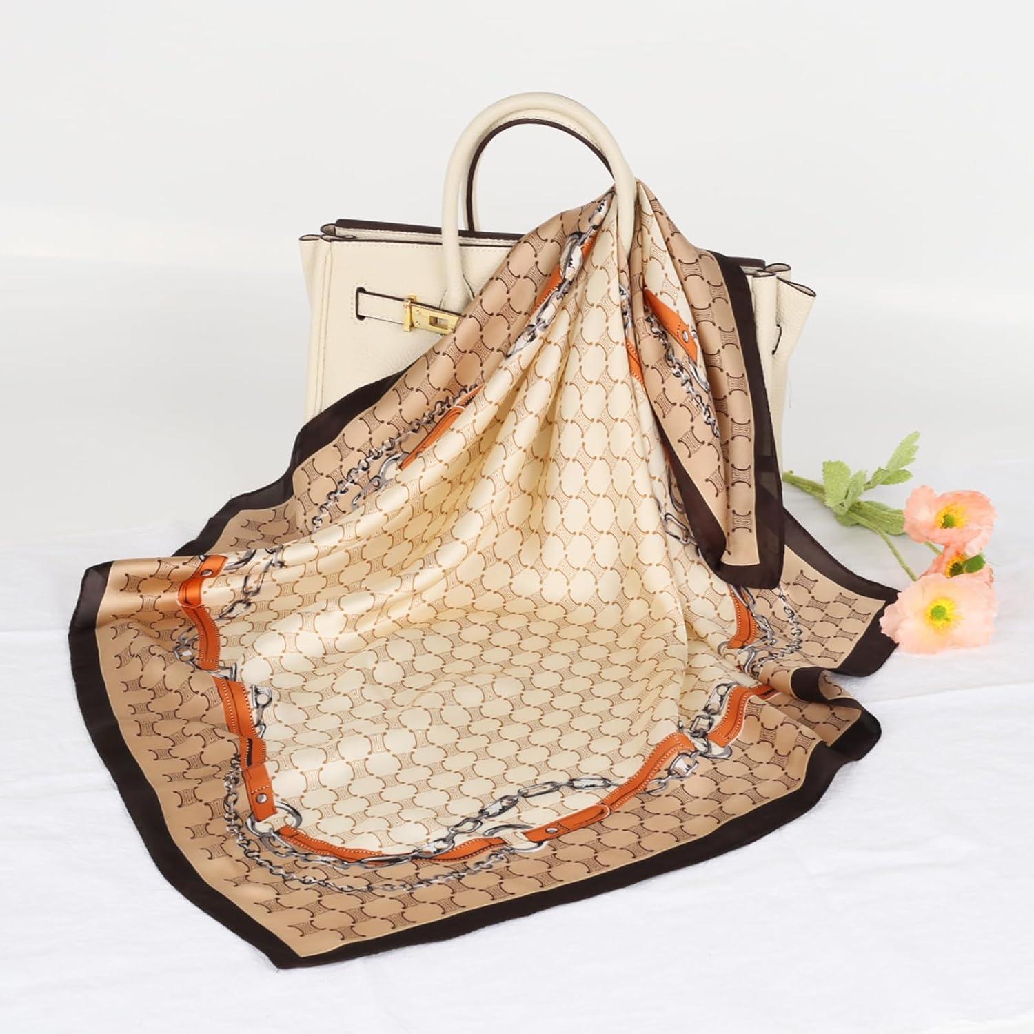 imageEXTREE Fashion Silky Satin Headscarf for Women Girls Exquisite Pattern Lightweight Silk Graceful Scarfs 275 x 275 inchesLeather Snap Beige