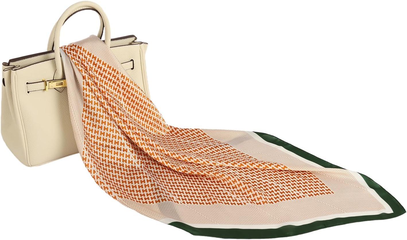 imageEXTREE Fashion Silky Satin Headscarf for Women Girls Exquisite Pattern Lightweight Silk Graceful Scarfs 275 x 275 inchesLetter Space Orange