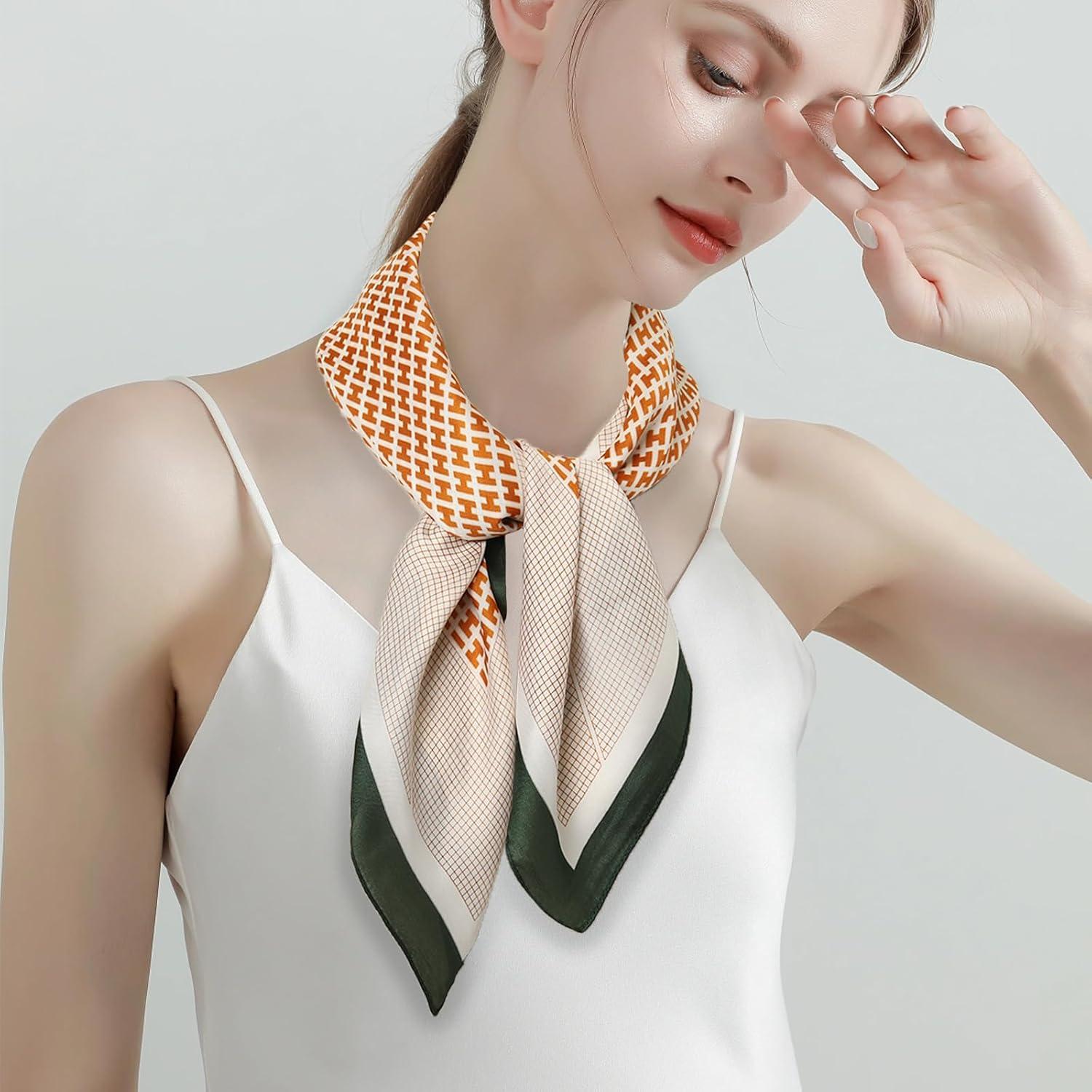 imageEXTREE Fashion Silky Satin Headscarf for Women Girls Exquisite Pattern Lightweight Silk Graceful Scarfs 275 x 275 inchesLetter Space Orange