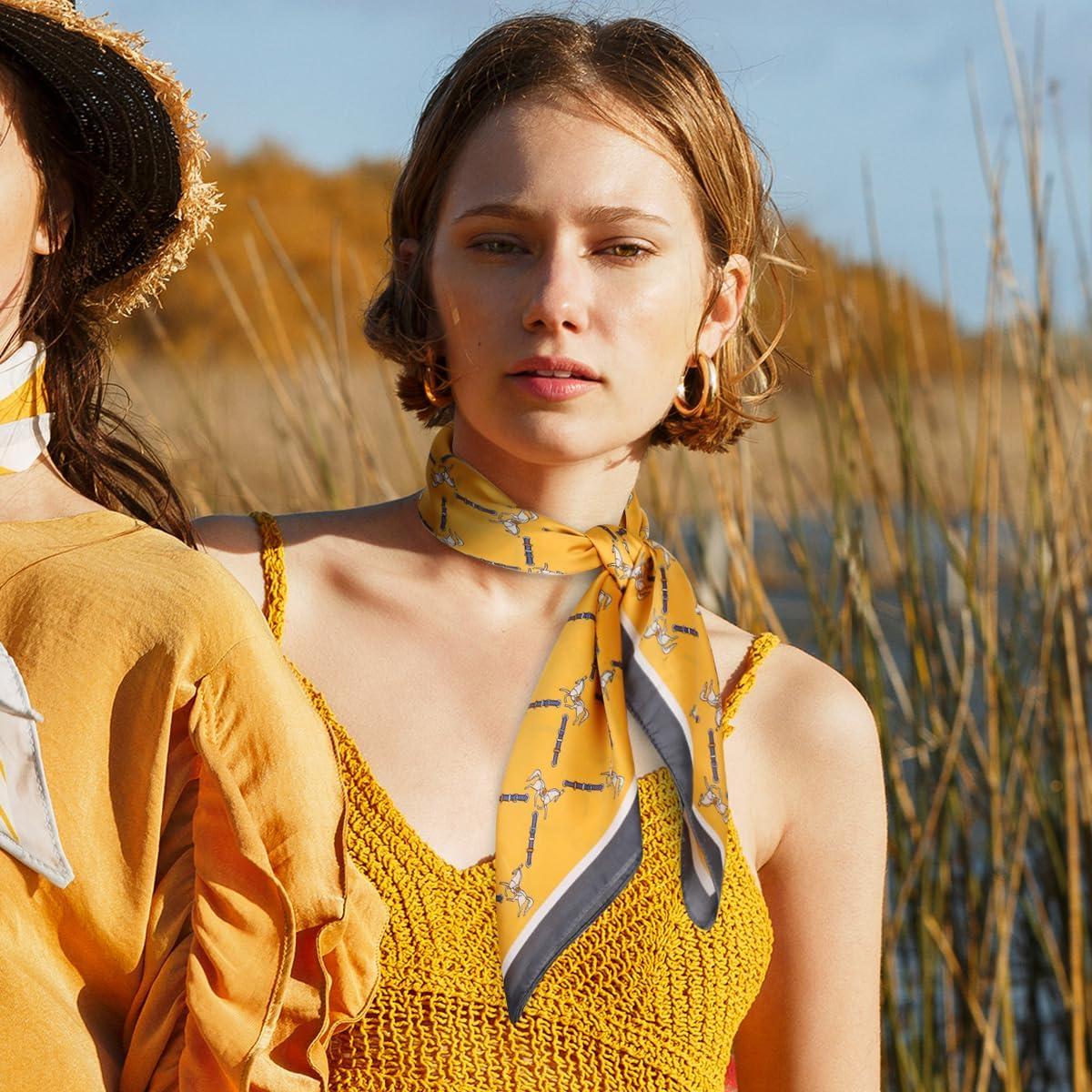 imageEXTREE Fashion Silky Satin Headscarf for Women Girls Exquisite Pattern Lightweight Silk Graceful Scarfs 275 x 275 inchesLock Horse Plaid Turmeric