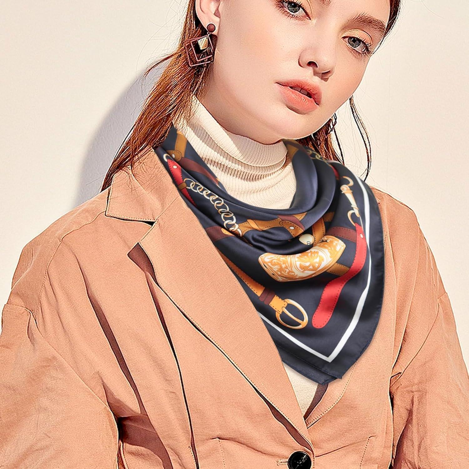 imageEXTREE Fashion Silky Satin Headscarf for Women Girls Exquisite Pattern Lightweight Silk Graceful Scarfs 275 x 275 inchesNavy Blue Belt