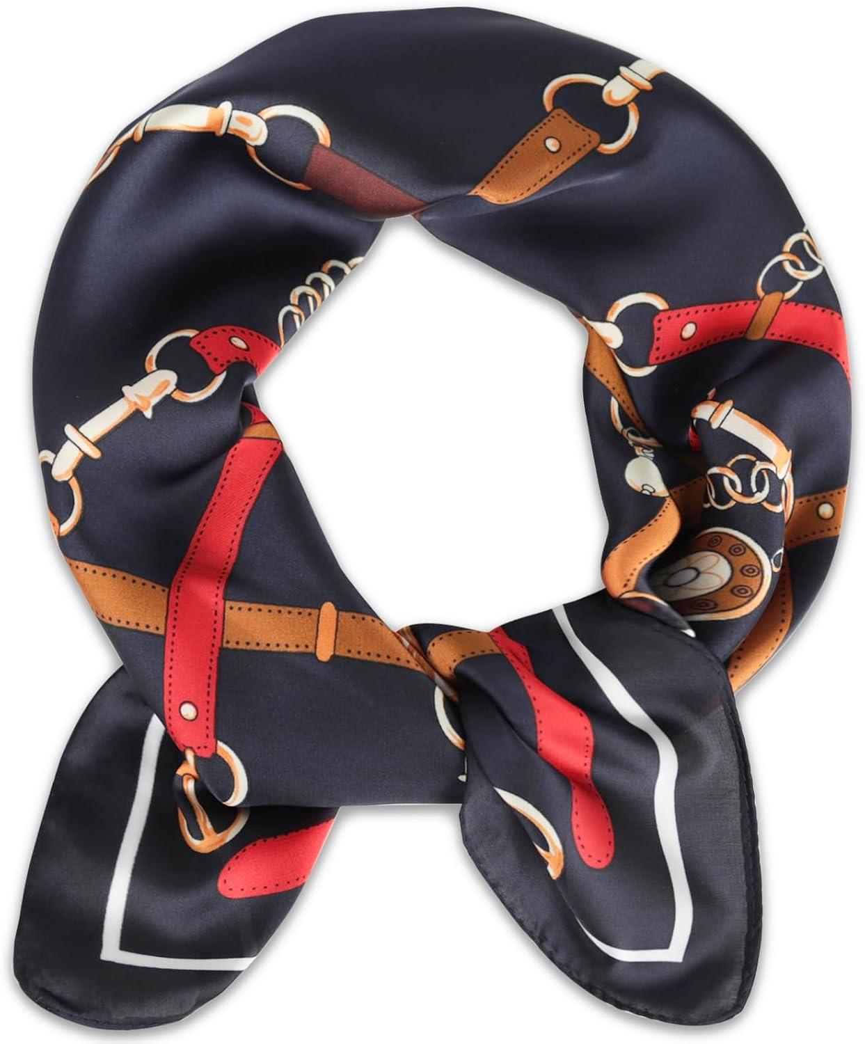 imageEXTREE Fashion Silky Satin Headscarf for Women Girls Exquisite Pattern Lightweight Silk Graceful Scarfs 275 x 275 inchesNavy Blue Belt