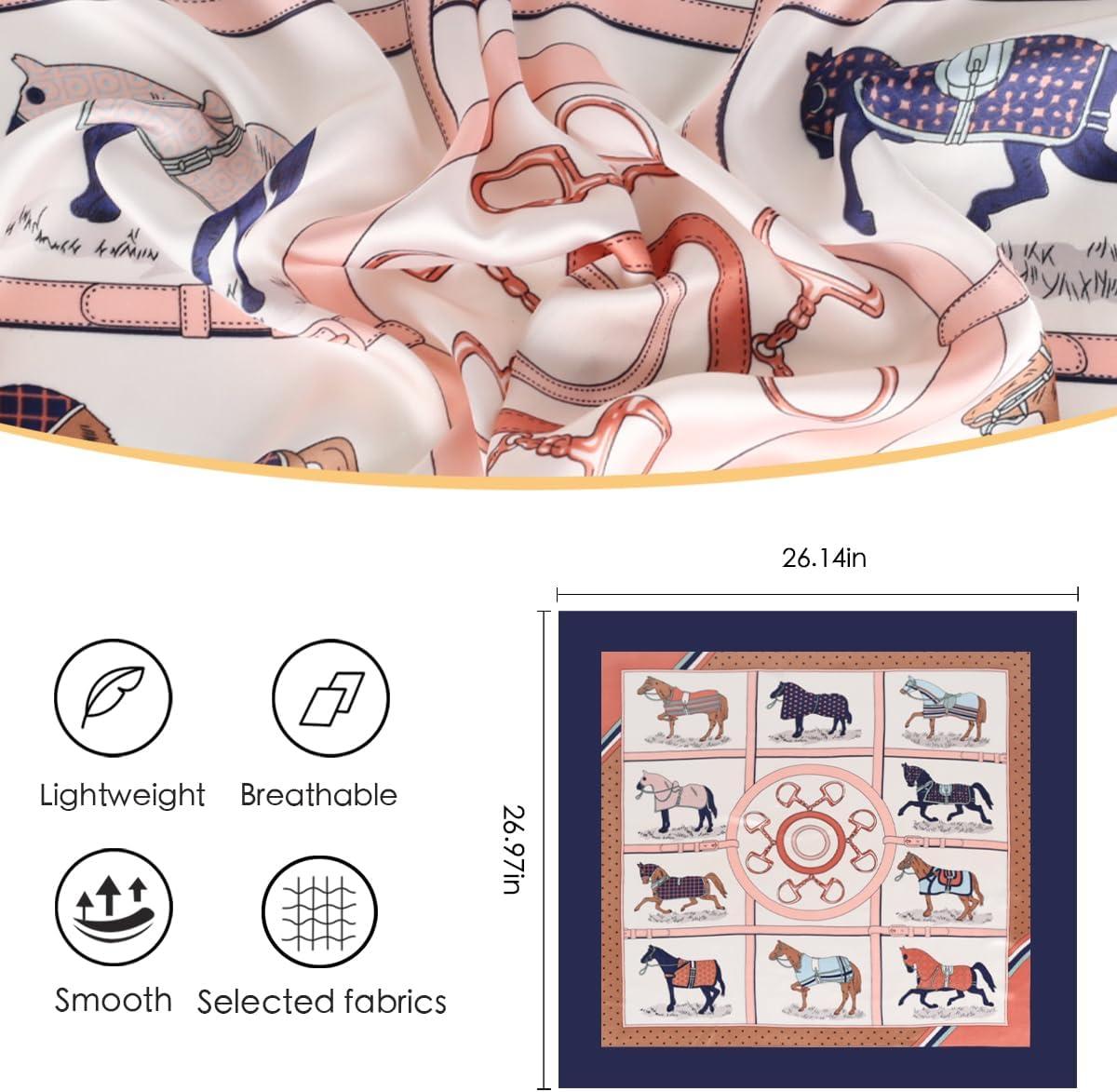 imageEXTREE Fashion Silky Satin Headscarf for Women Girls Exquisite Pattern Lightweight Silk Graceful Scarfs 275 x 275 inchesNavy Blue Pony Puzzle