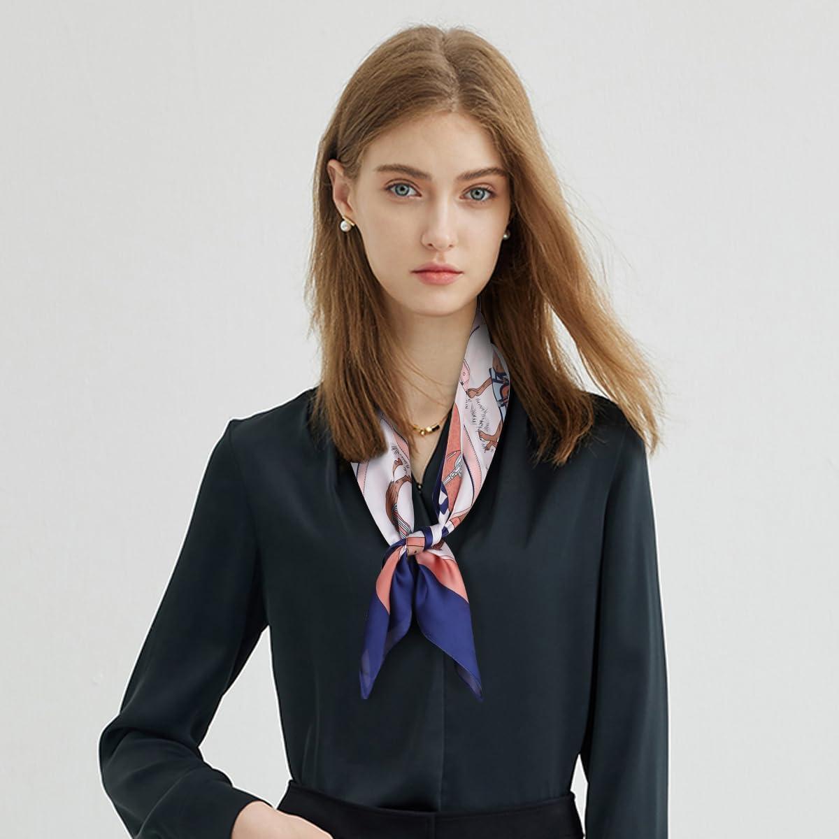 imageEXTREE Fashion Silky Satin Headscarf for Women Girls Exquisite Pattern Lightweight Silk Graceful Scarfs 275 x 275 inchesNavy Blue Pony Puzzle