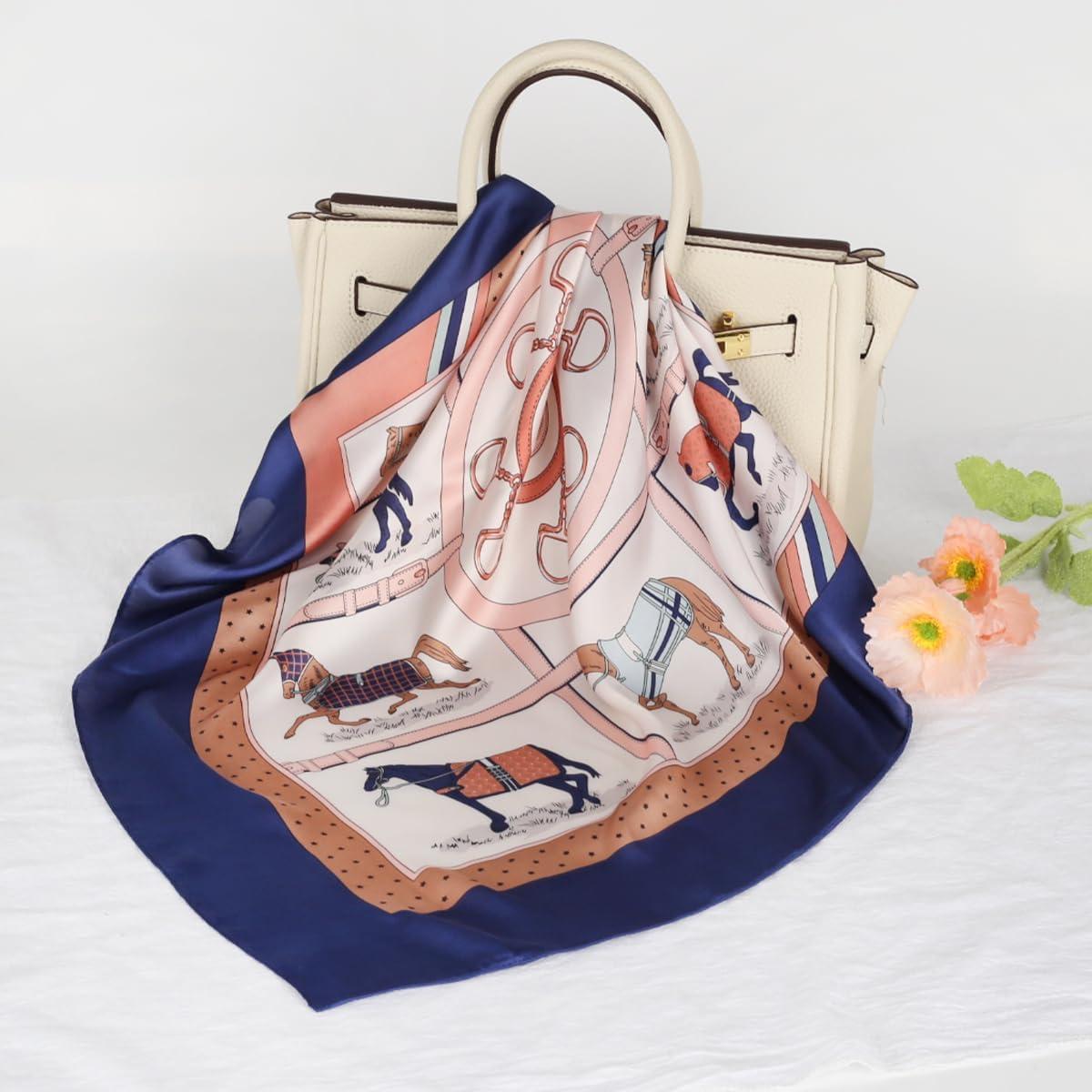 imageEXTREE Fashion Silky Satin Headscarf for Women Girls Exquisite Pattern Lightweight Silk Graceful Scarfs 275 x 275 inchesNavy Blue Pony Puzzle