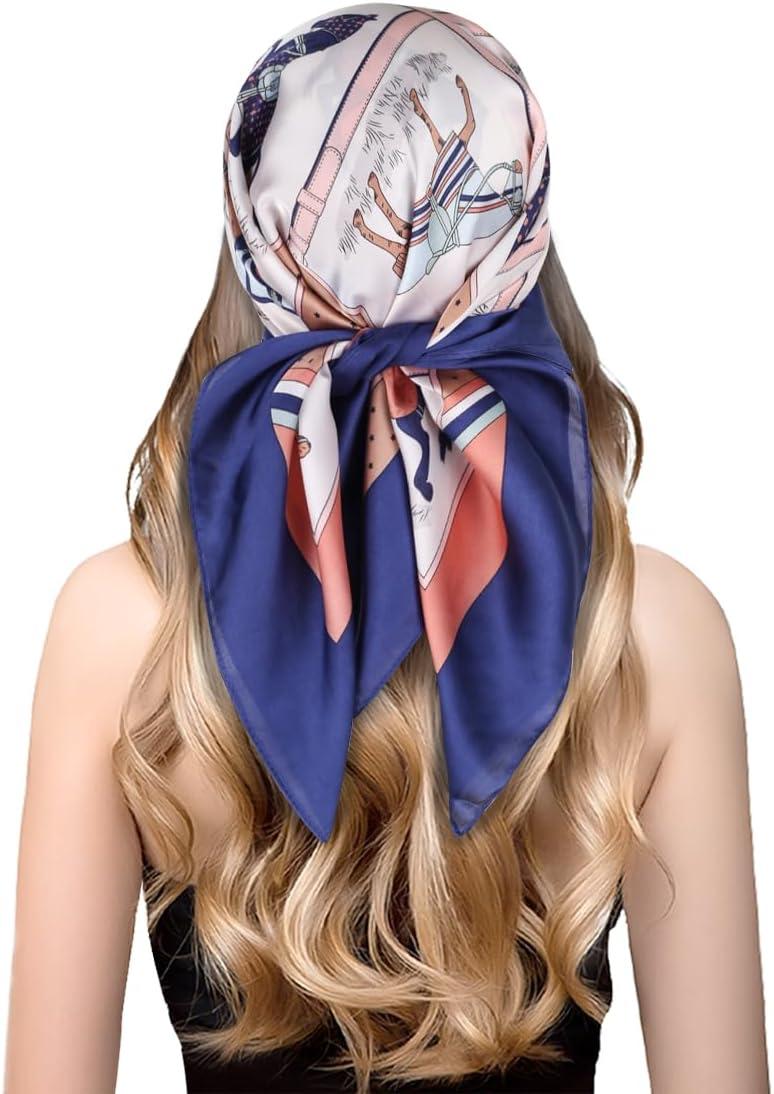 imageEXTREE Fashion Silky Satin Headscarf for Women Girls Exquisite Pattern Lightweight Silk Graceful Scarfs 275 x 275 inchesNavy Blue Pony Puzzle