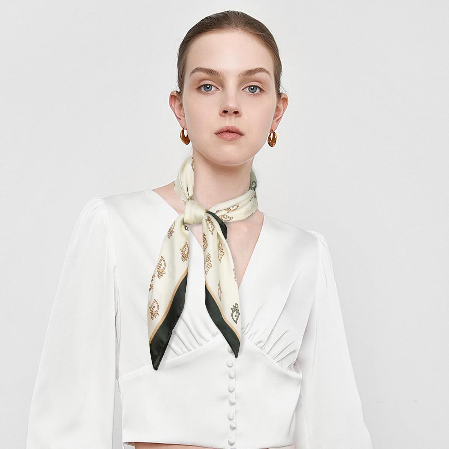 imageEXTREE Fashion Silky Satin Headscarf for Women Girls Exquisite Pattern Lightweight Silk Graceful Scarfs 275 x 275 inchesOff White Letter D