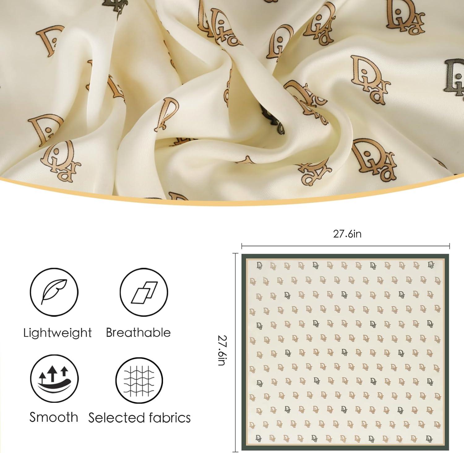 imageEXTREE Fashion Silky Satin Headscarf for Women Girls Exquisite Pattern Lightweight Silk Graceful Scarfs 275 x 275 inchesOff White Letter D