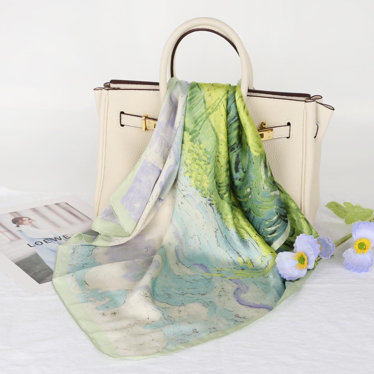 imageEXTREE Fashion Silky Satin Headscarf for Women Girls Exquisite Pattern Lightweight Silk Graceful Scarfs 275 x 275 inchesOil Painting Green Grass