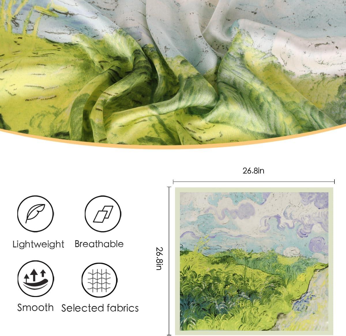 imageEXTREE Fashion Silky Satin Headscarf for Women Girls Exquisite Pattern Lightweight Silk Graceful Scarfs 275 x 275 inchesOil Painting Green Grass