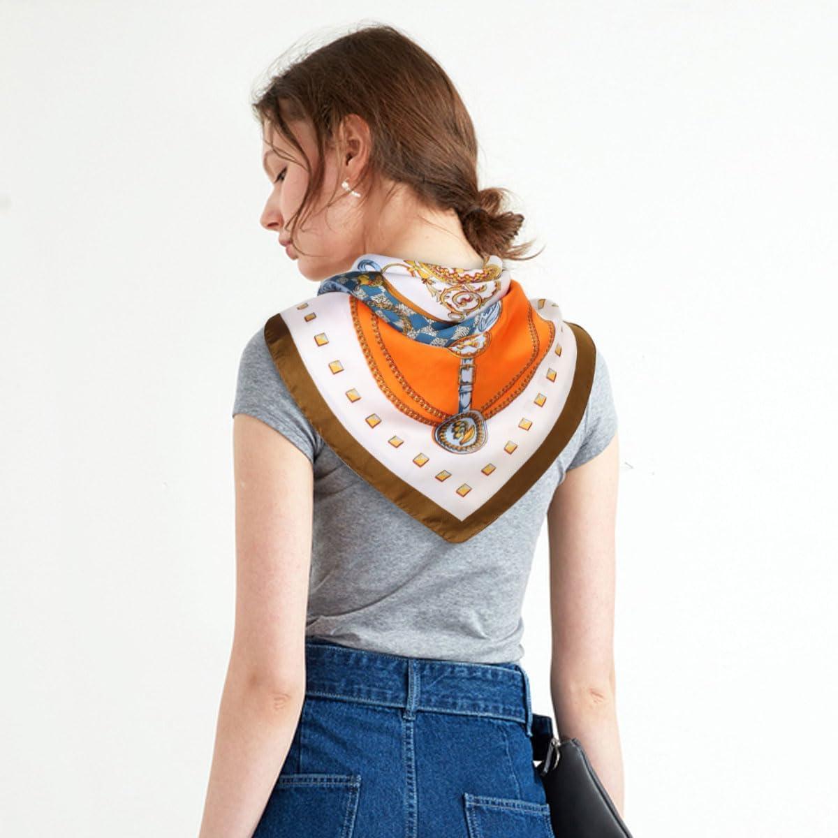 imageEXTREE Fashion Silky Satin Headscarf for Women Girls Exquisite Pattern Lightweight Silk Graceful Scarfs 275 x 275 inchesOrange Iron Buckle