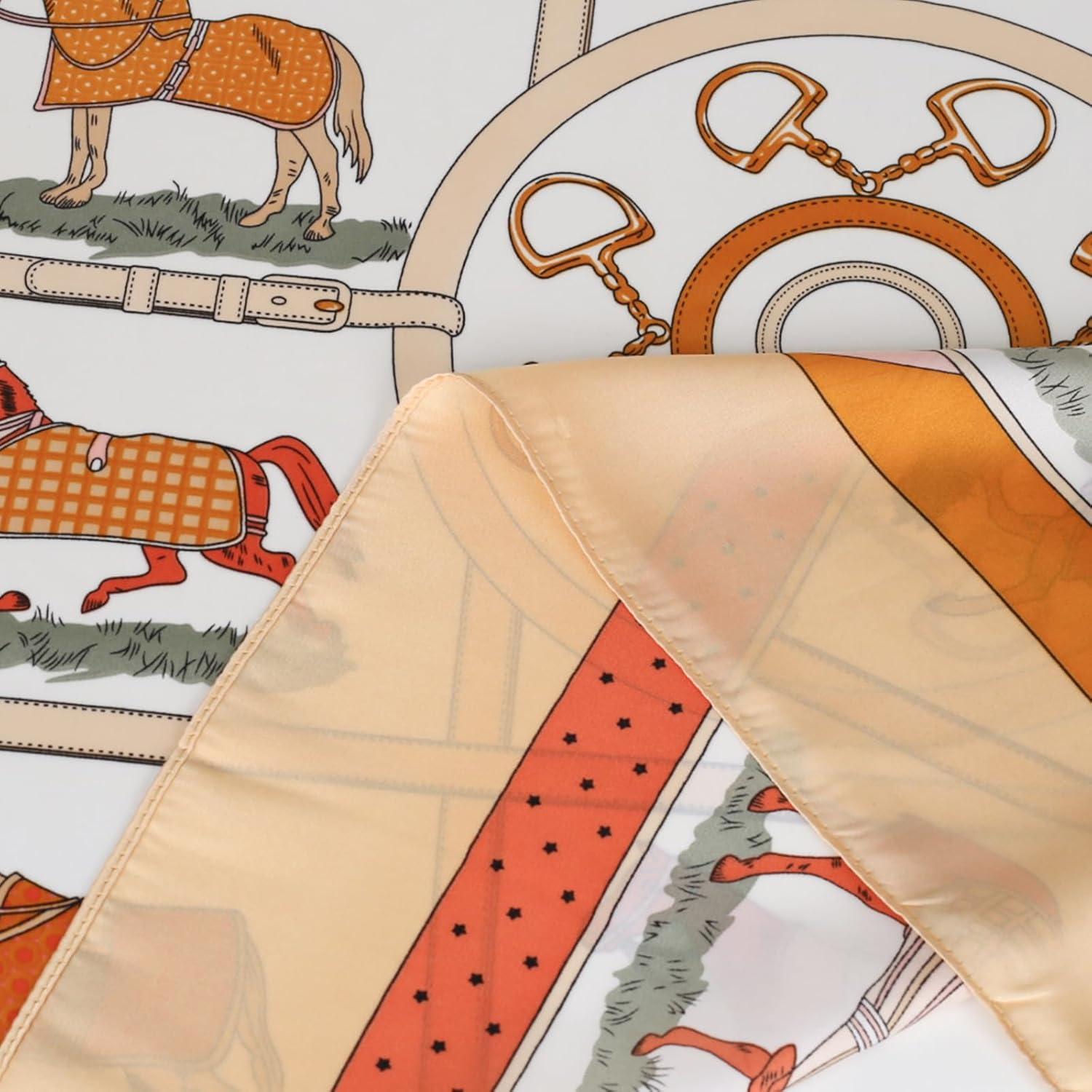 imageEXTREE Fashion Silky Satin Headscarf for Women Girls Exquisite Pattern Lightweight Silk Graceful Scarfs 275 x 275 inchesOrange Ten Horses