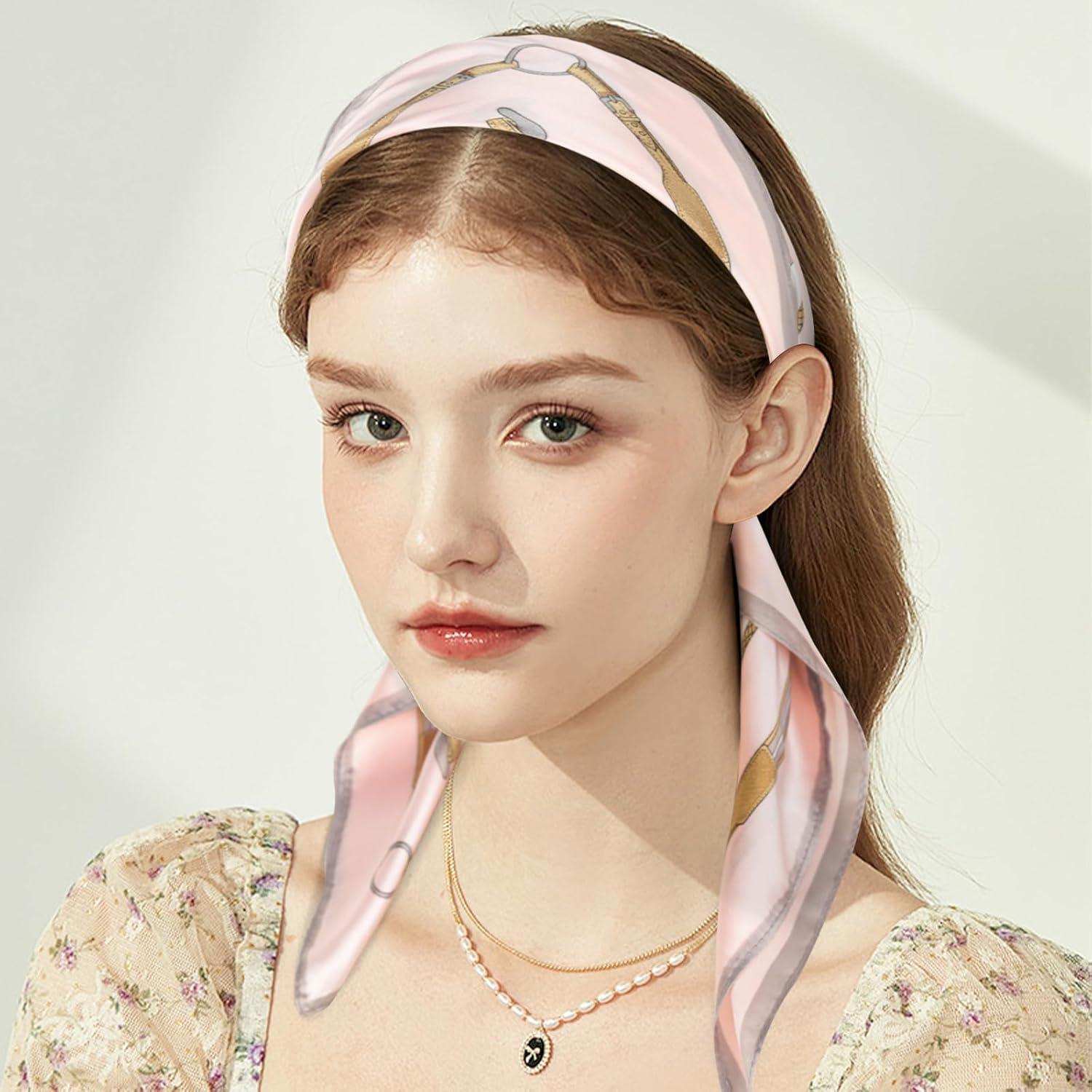 imageEXTREE Fashion Silky Satin Headscarf for Women Girls Exquisite Pattern Lightweight Silk Graceful Scarfs 275 x 275 inchesPink Edge Horseshoe Buckle