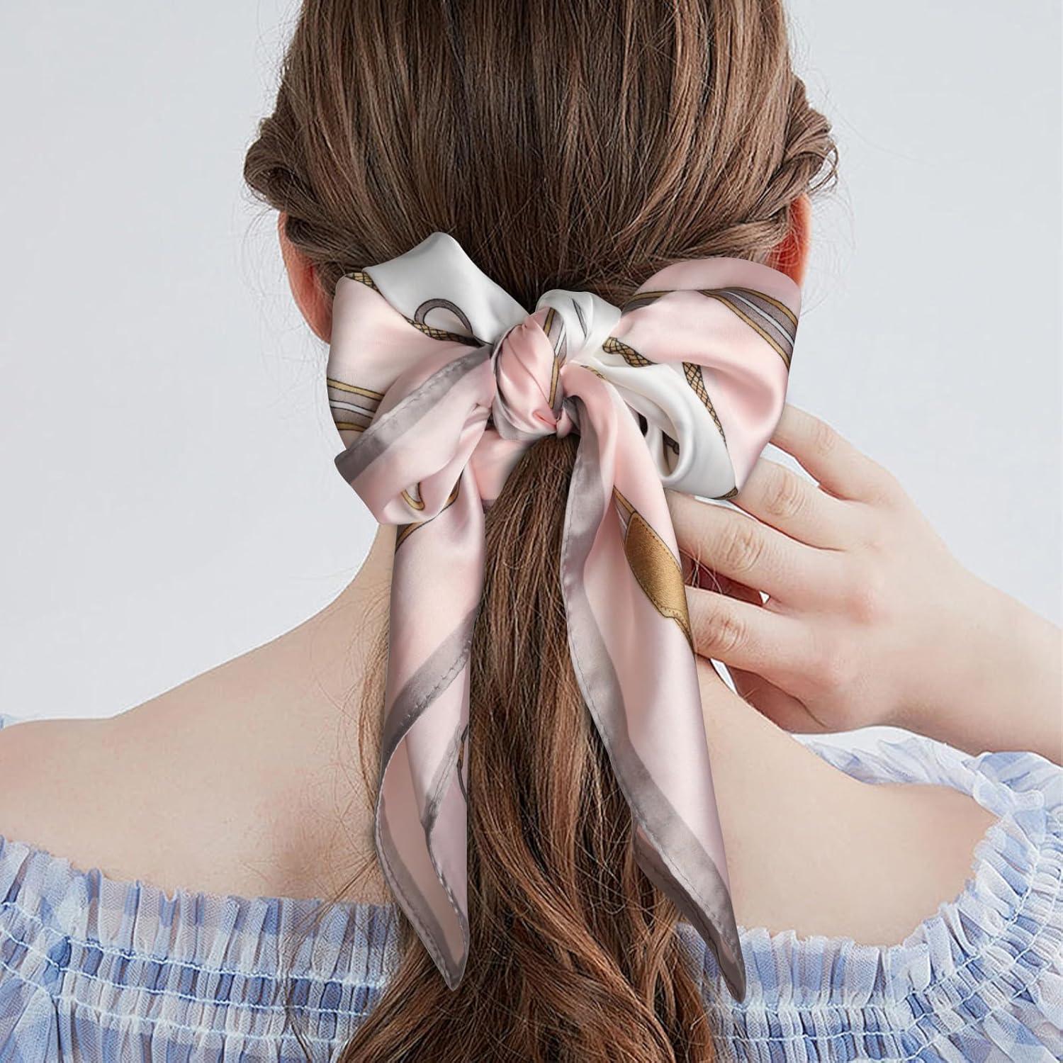 imageEXTREE Fashion Silky Satin Headscarf for Women Girls Exquisite Pattern Lightweight Silk Graceful Scarfs 275 x 275 inchesPink Edge Horseshoe Buckle