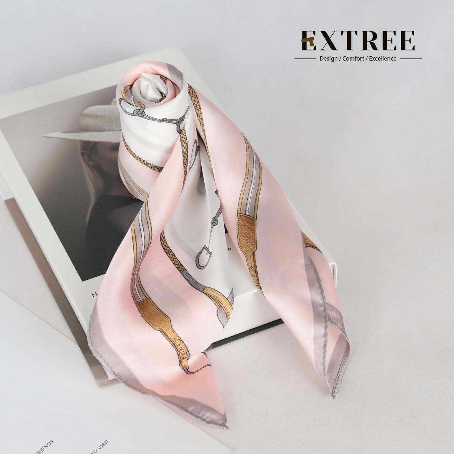 imageEXTREE Fashion Silky Satin Headscarf for Women Girls Exquisite Pattern Lightweight Silk Graceful Scarfs 275 x 275 inchesPink Edge Horseshoe Buckle