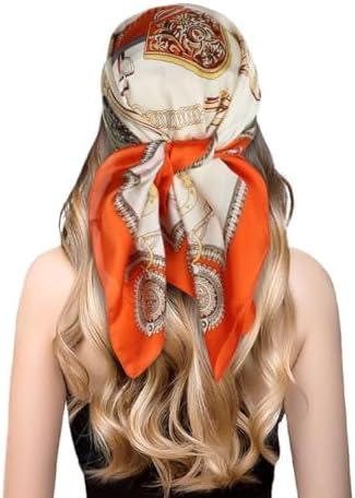 imageEXTREE Fashion Silky Satin Headscarf for Women Girls Exquisite Pattern Lightweight Silk Graceful Scarfs 275 x 275 inchesSaddle Leather Buckle Orange