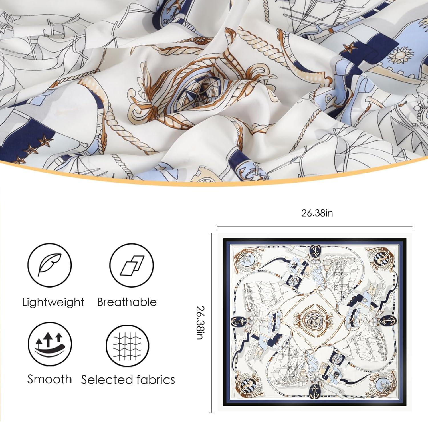 imageEXTREE Fashion Silky Satin Headscarf for Women Girls Exquisite Pattern Lightweight Silk Graceful Scarfs 275 x 275 inchesSailing Navy